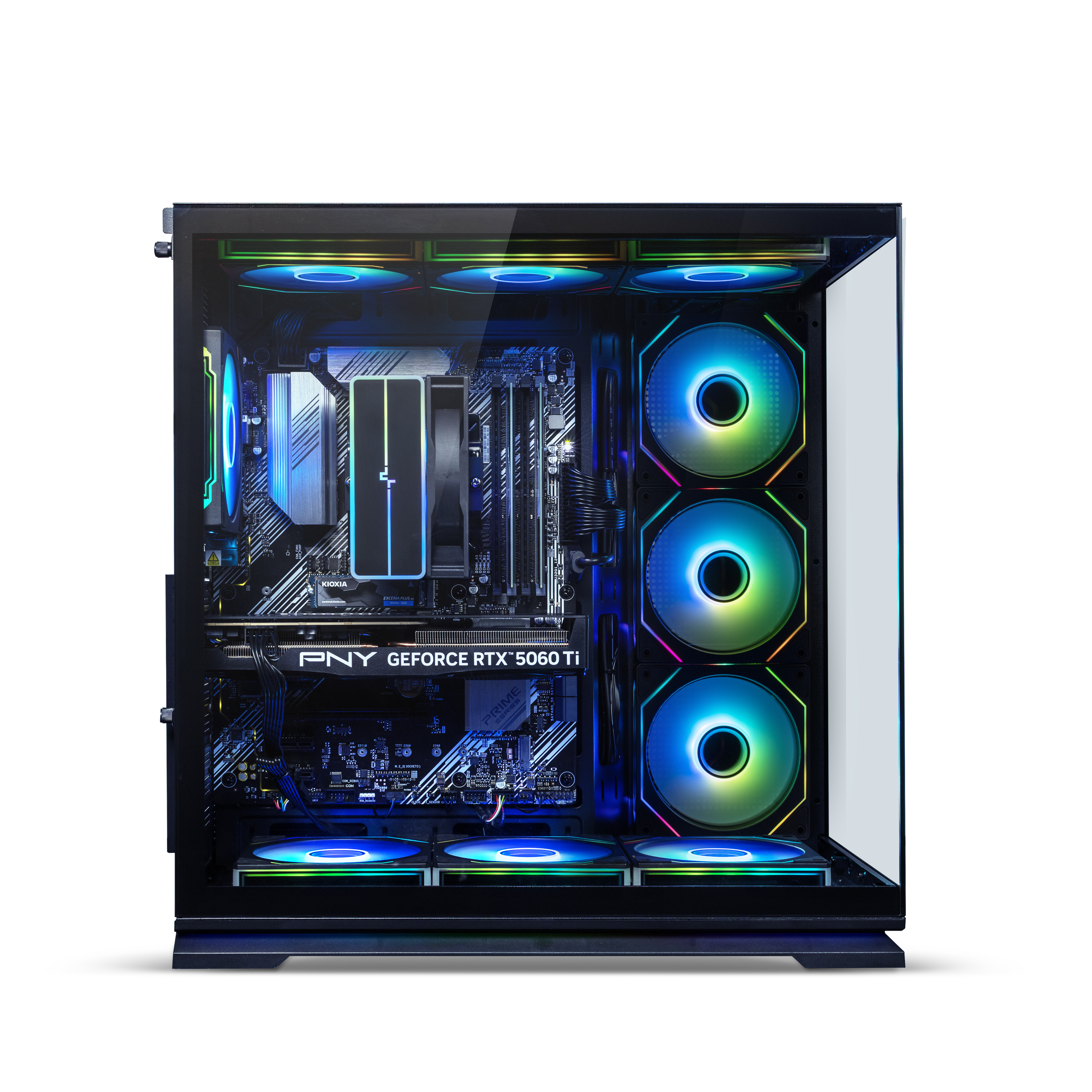 Ein PC-Gehäuse mit RGB-Lüftern, Motherboard, Grafikkarte und CPU-Kühler.