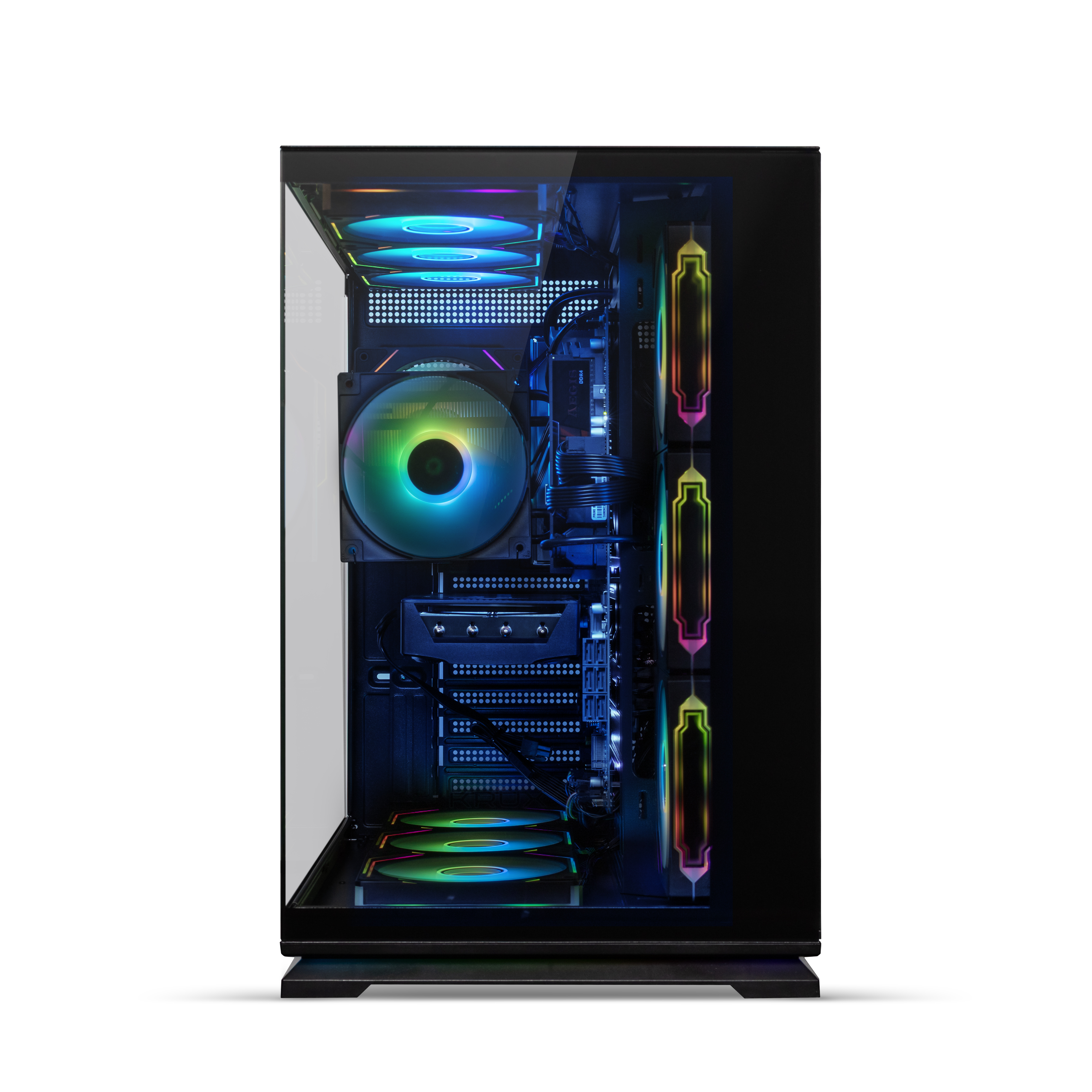 Ein moderner PC-Turm mit RGB-Beleuchtung, Glasfront und sichtbaren Lüftern.