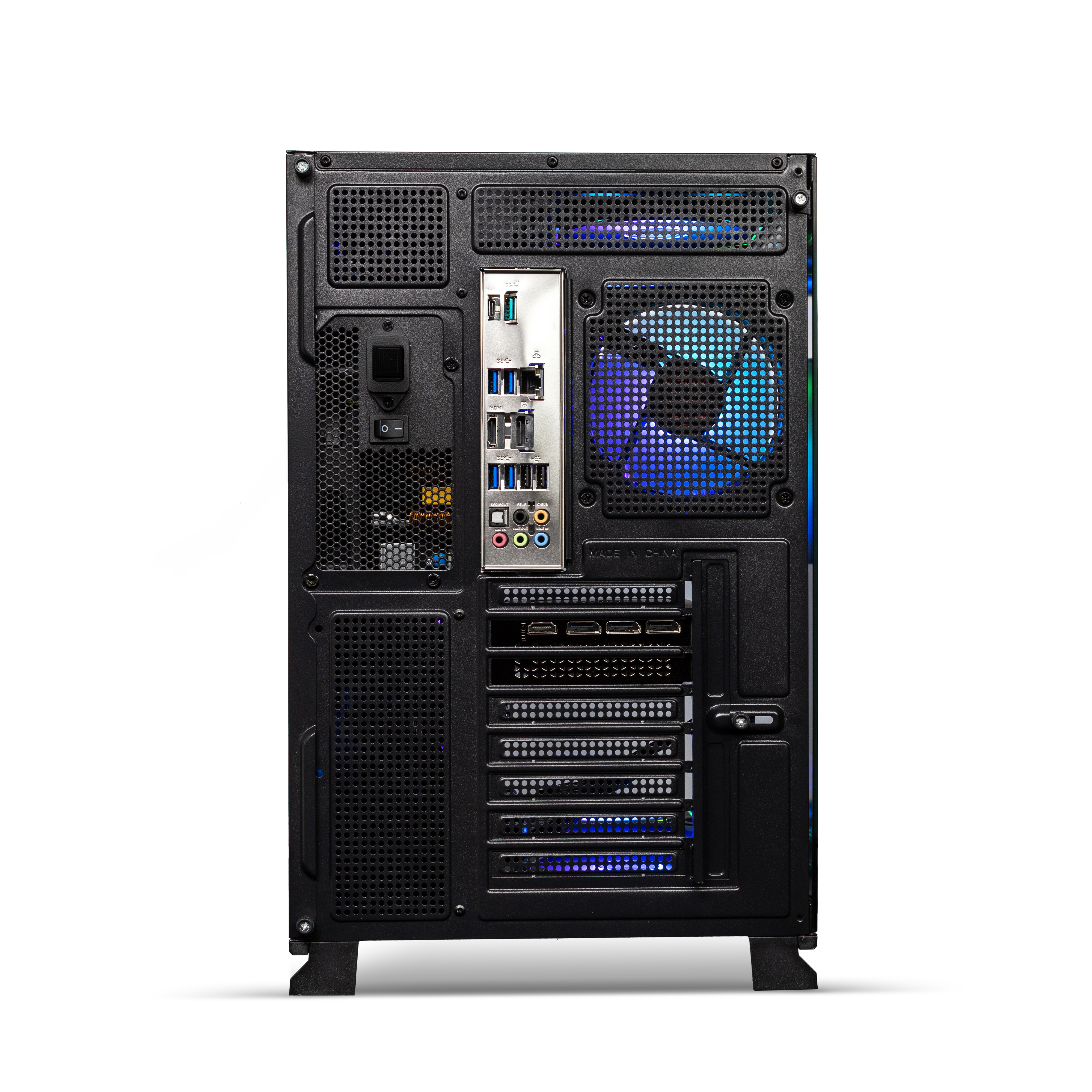 Rückseite eines schwarzen Computergehäuses mit Lüftern und Anschlüssen.