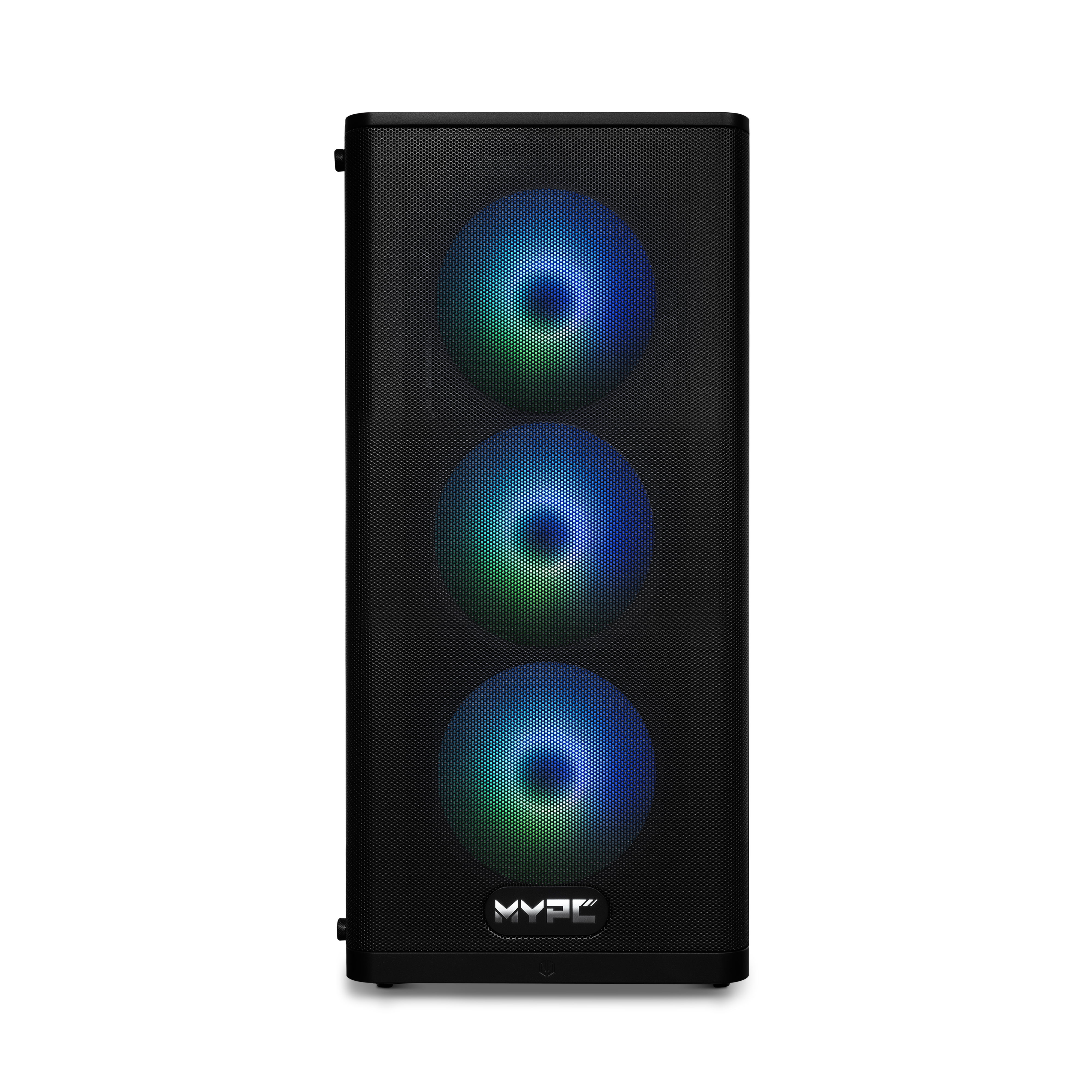 Schwarzer Lautsprecher mit drei RGB-Lüftern und silbernem Logo unten.
