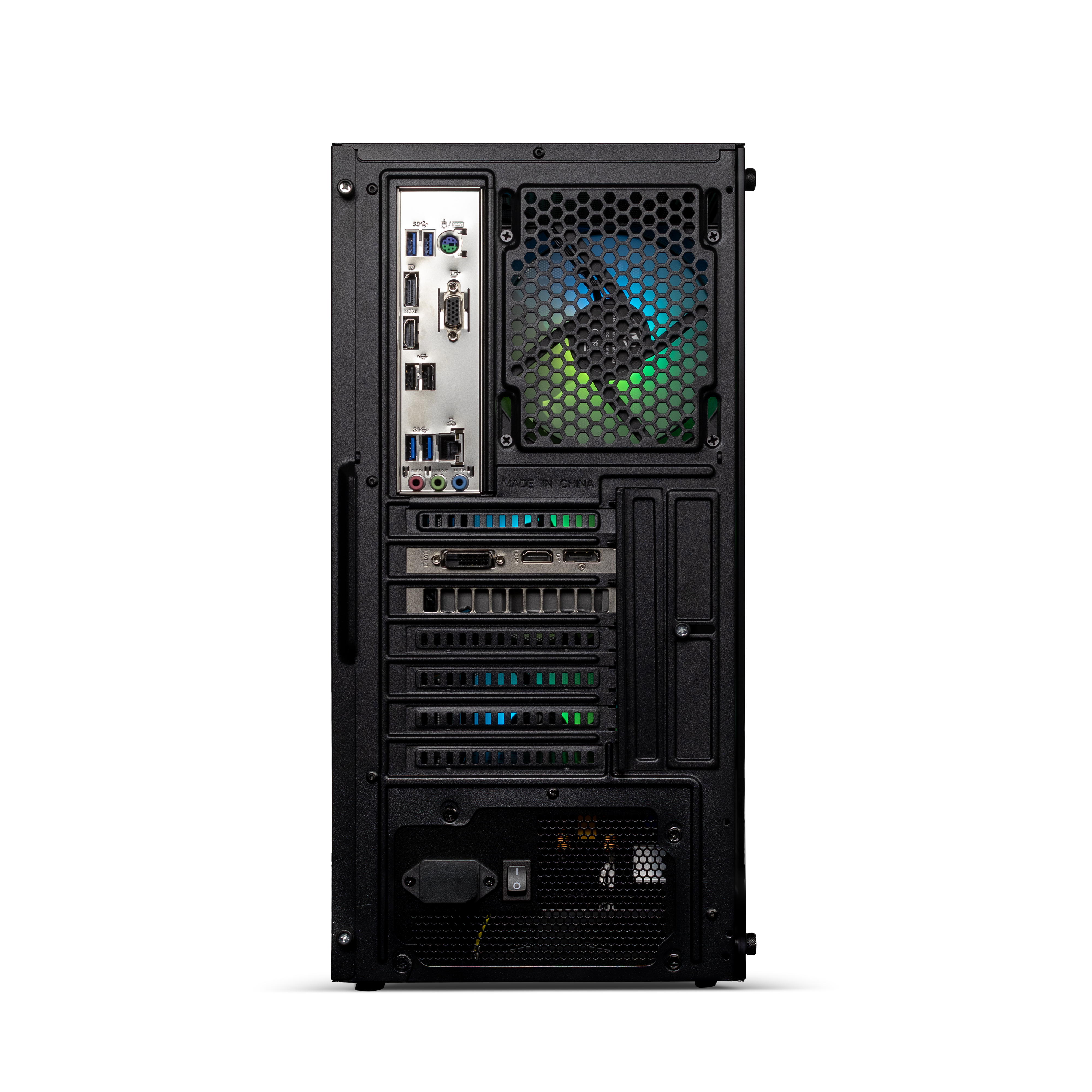 Rückseite eines schwarzen PC-Gehäuses mit Anschlüssen, Lüftern und Stromschalter.