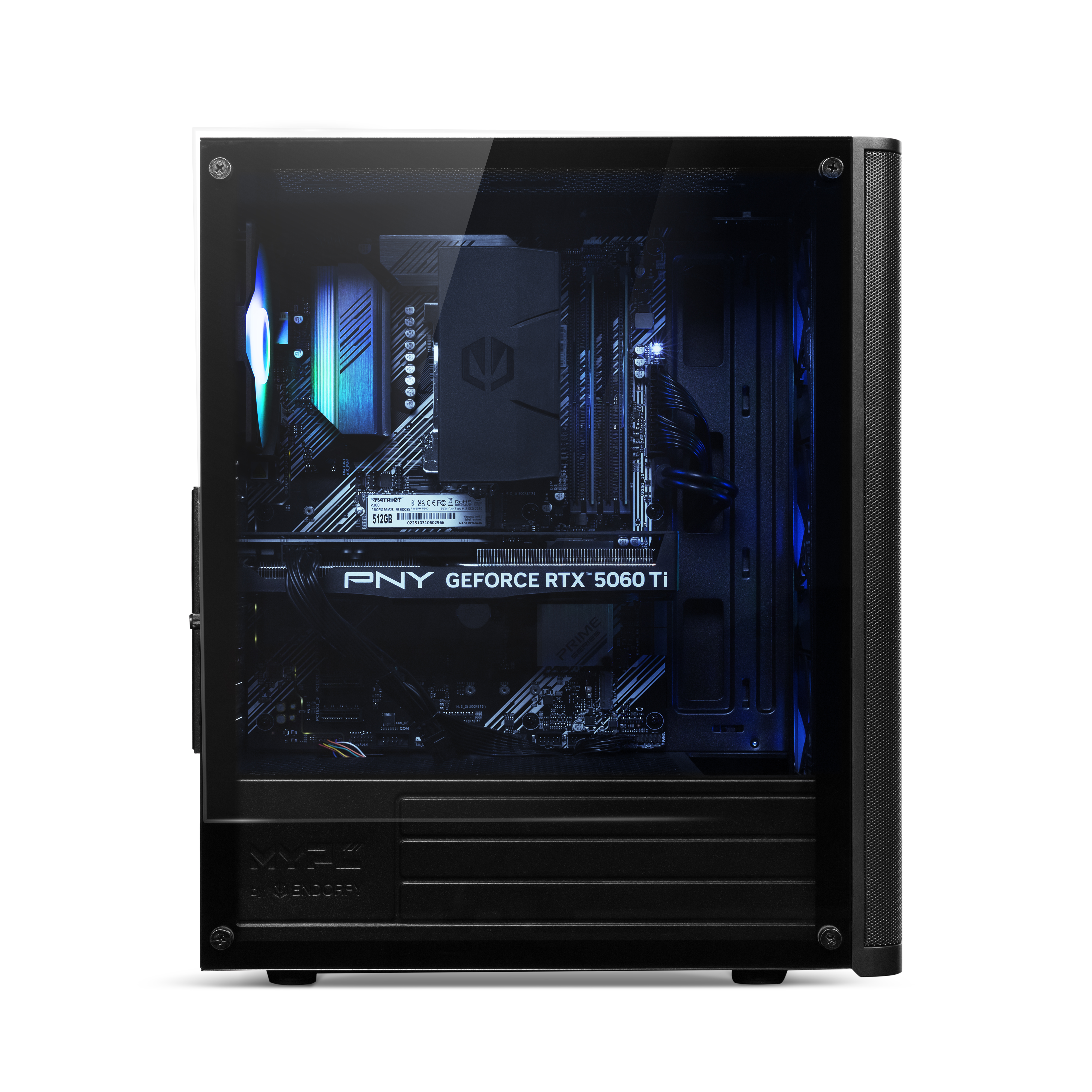 Ein schwarzer PC-Turm mit blauer Innenbeleuchtung. Enthält eine PNY GeForce RTX 5060 Ti GPU.