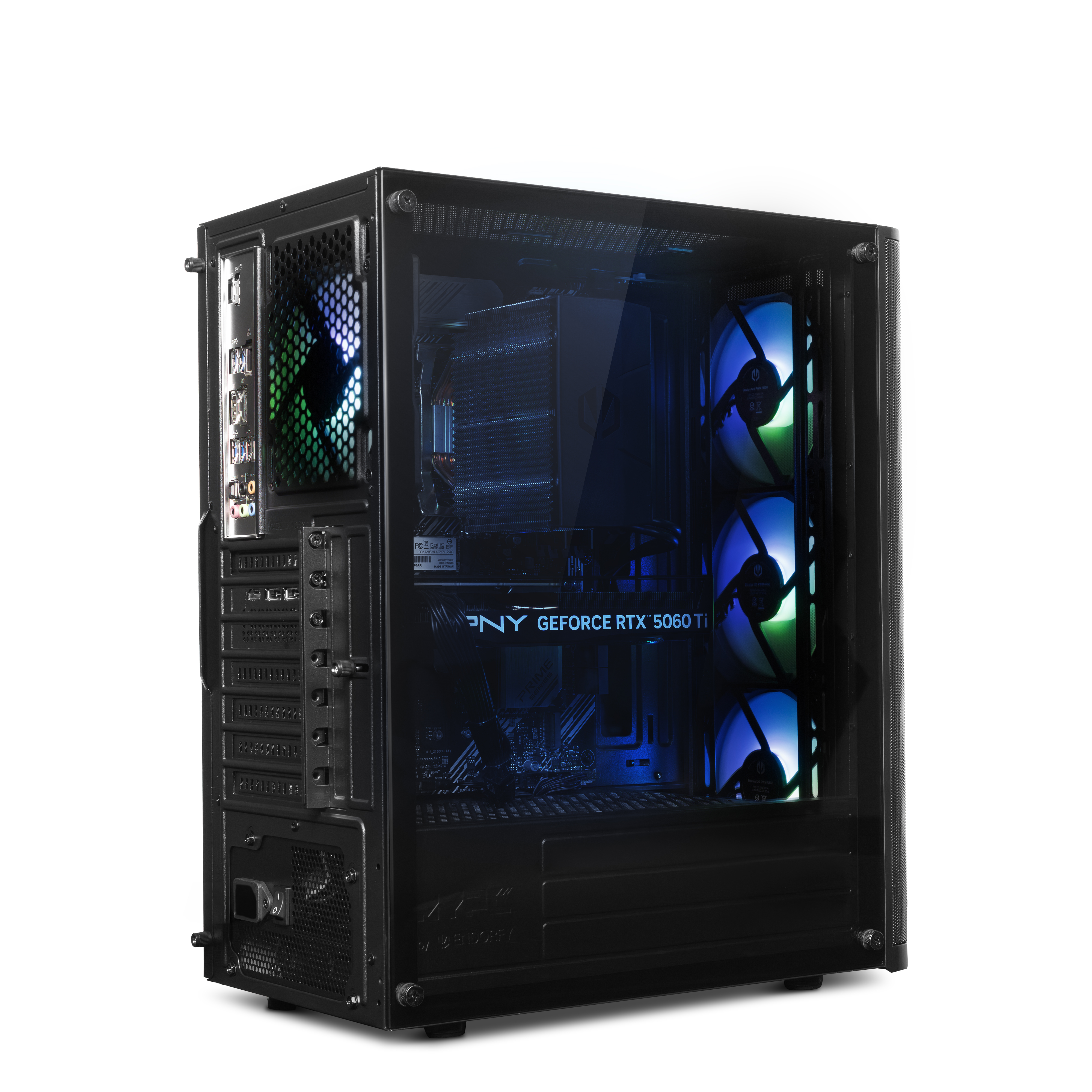Ein schwarzes PC-Gehäuse mit Sichtfenster, beleuchteten Lüftern und Komponenten.