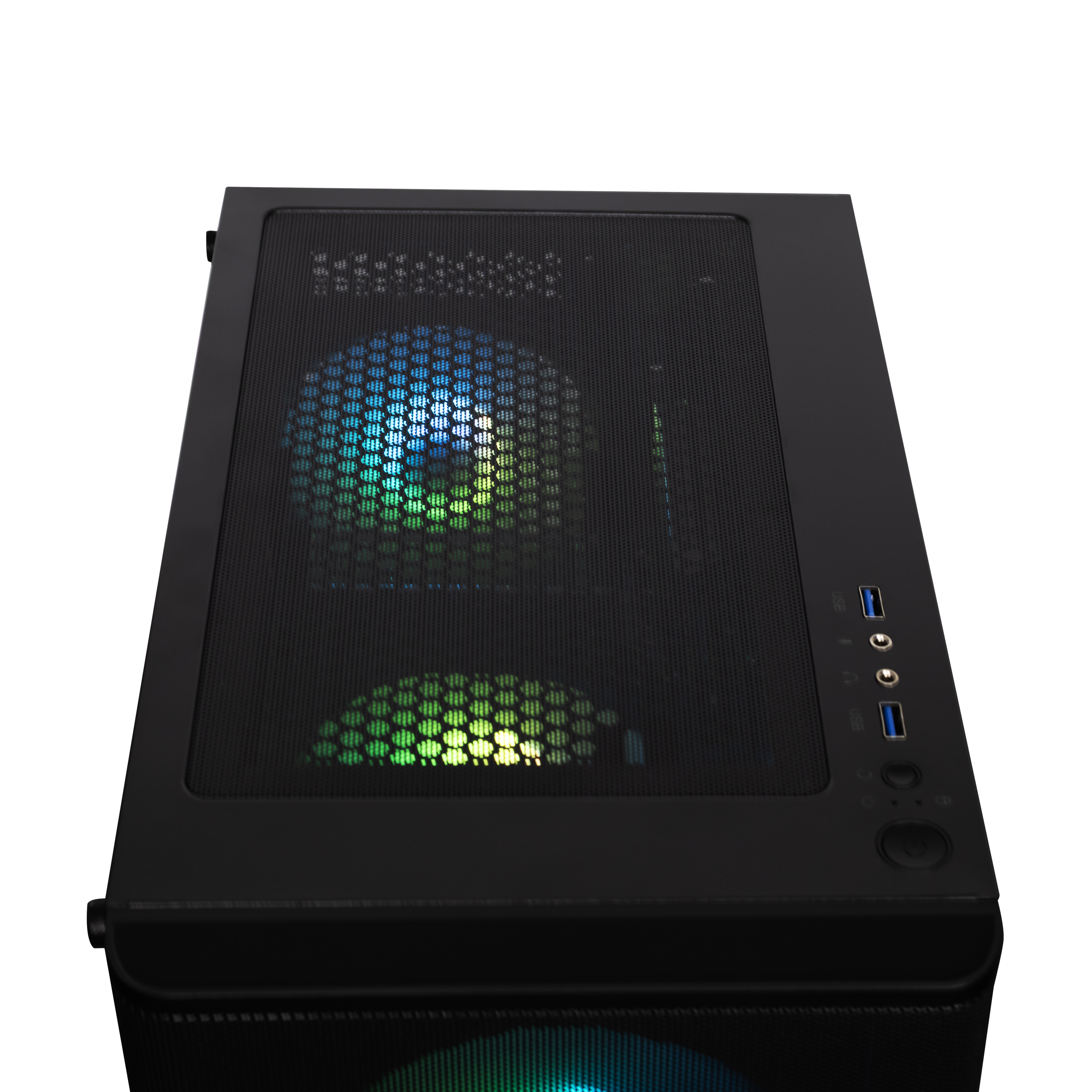 Schwarzes PC-Gehäuse mit beleuchteten Lüftern und Anschlüssen.