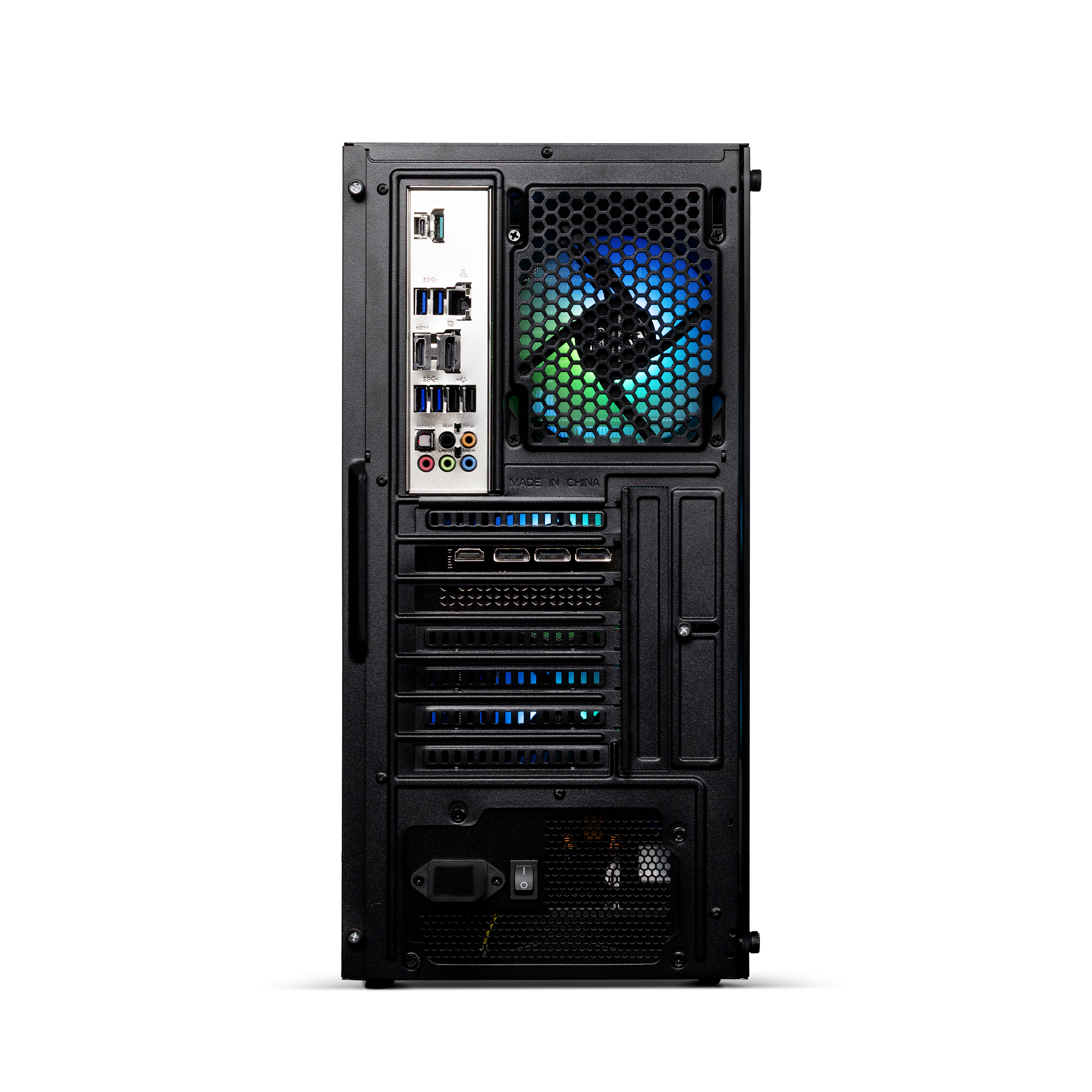 Rückseite eines PCs mit Anschlüssen, Lüfter und Netzschalter. Beleuchtet.