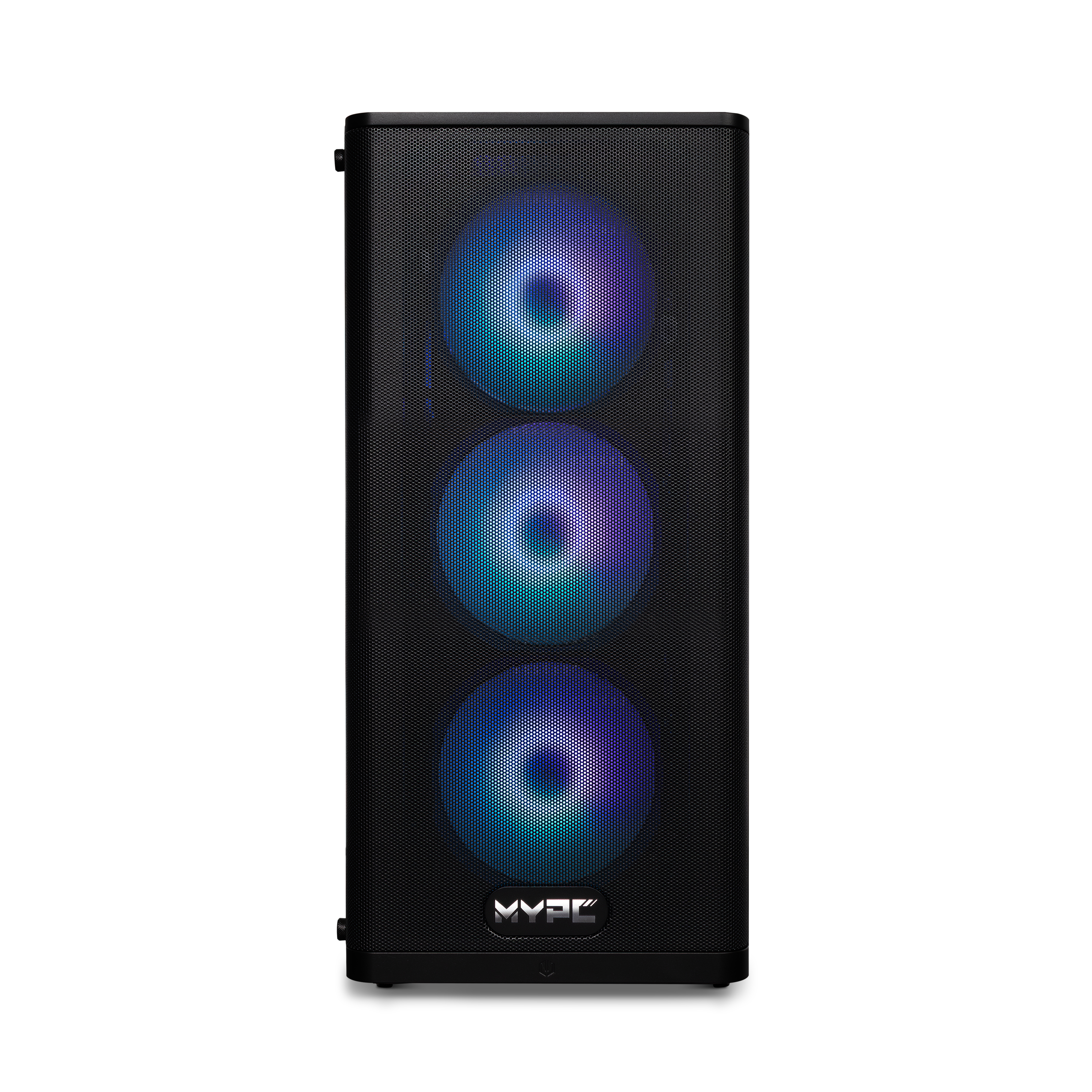 Ein schwarzes PC-Gehäuse mit drei beleuchteten Lüftern und einem Logo.