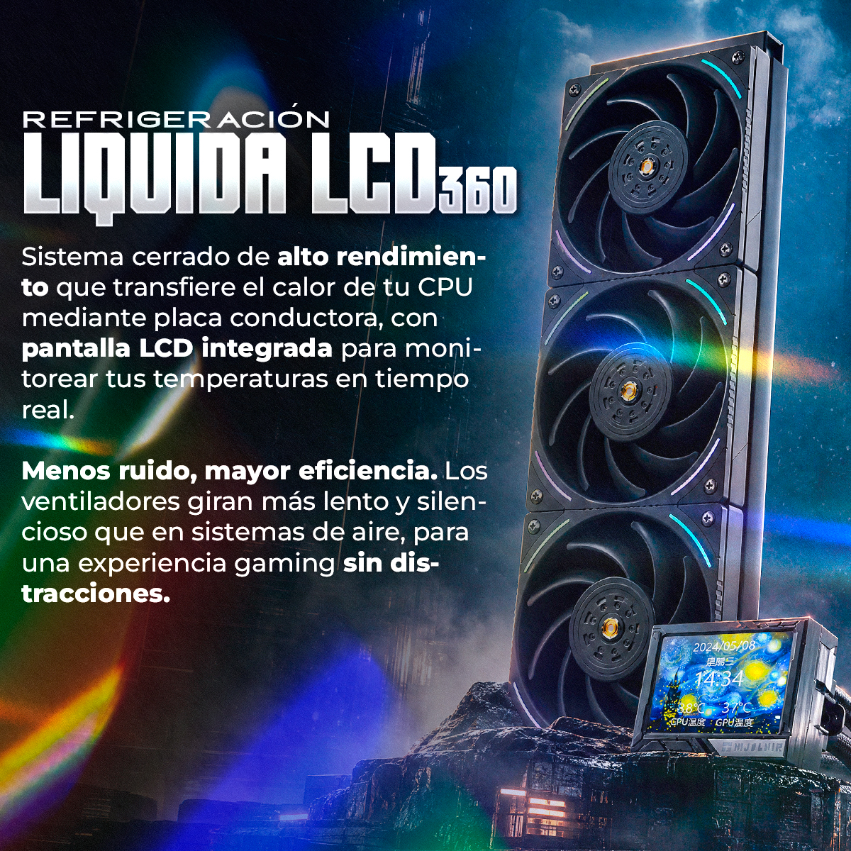 Sistema di raffreddamento a liquido con tre ventole e display LCD che mostra la temperatura CPU.