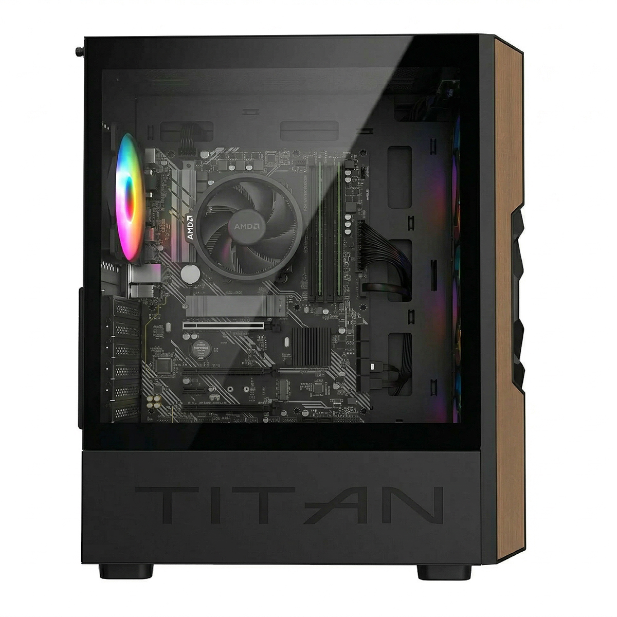 Caja de PC con lateral transparente, muestra placa base, disipador CPU, RAM y ventiladores RGB.