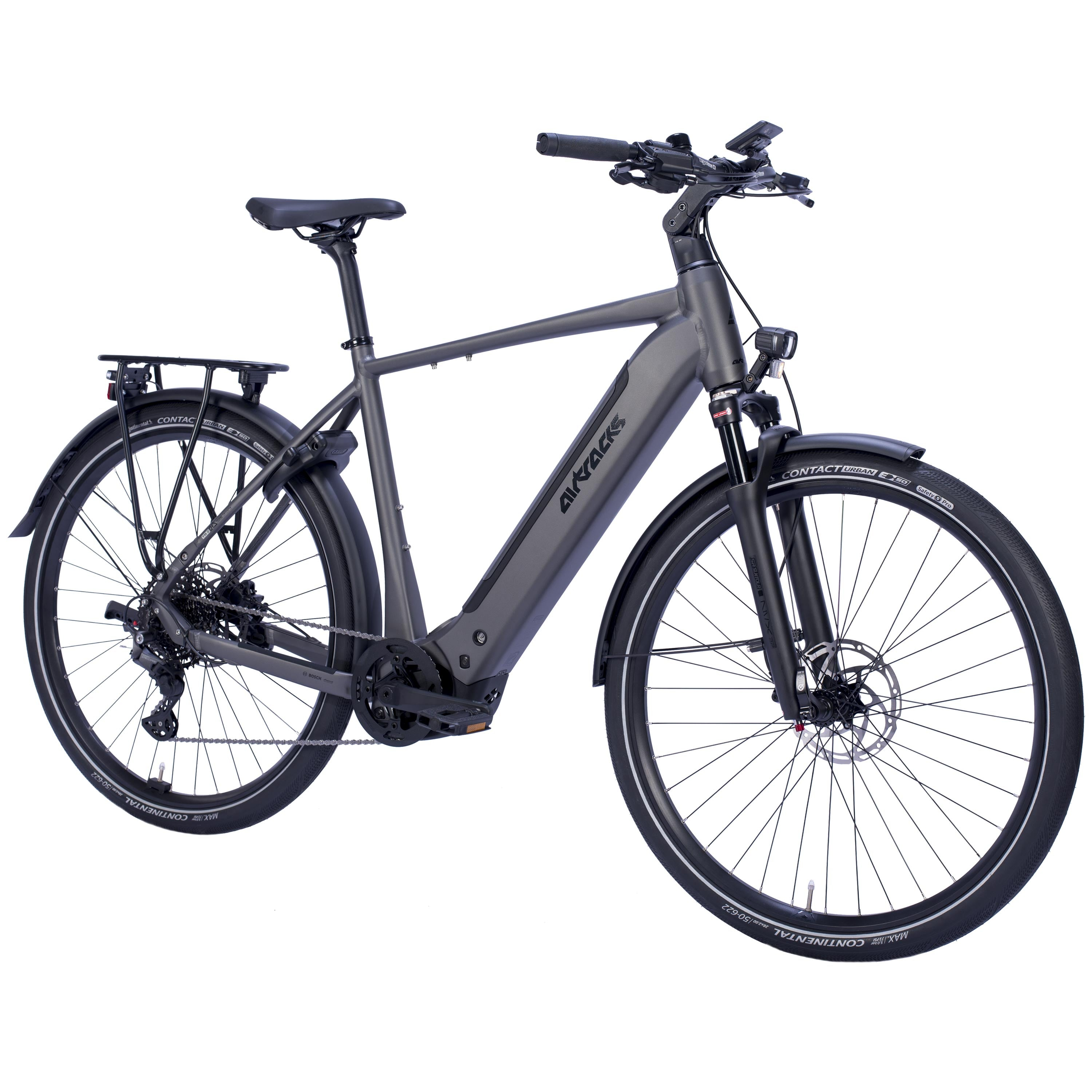 Graues E-Bike mit Gepäckträger, Federgabel und Scheibenbremsen. Weißer Hintergrund.