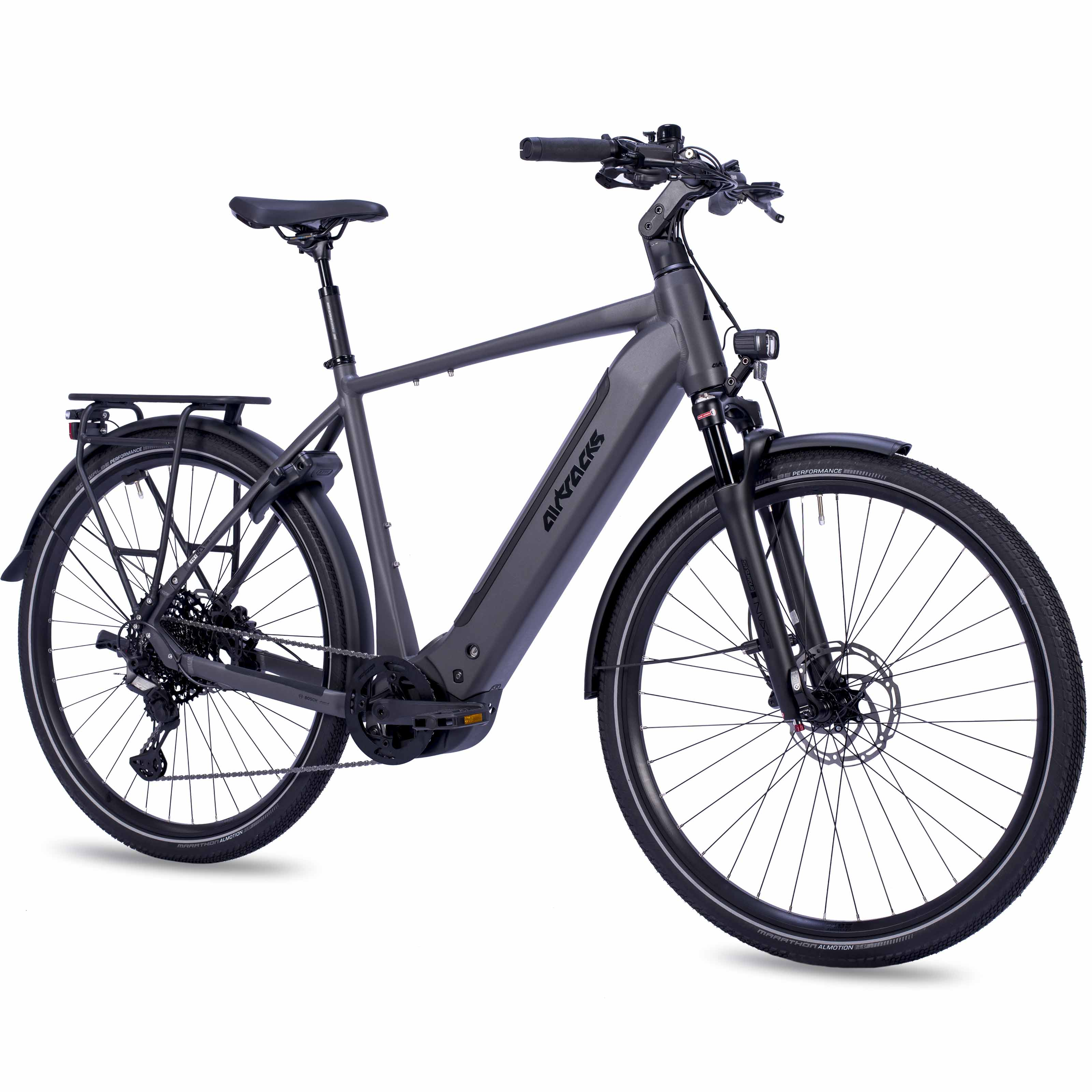Graues E-Bike mit Gepäckträger, Federgabel und Scheibenbremsen.