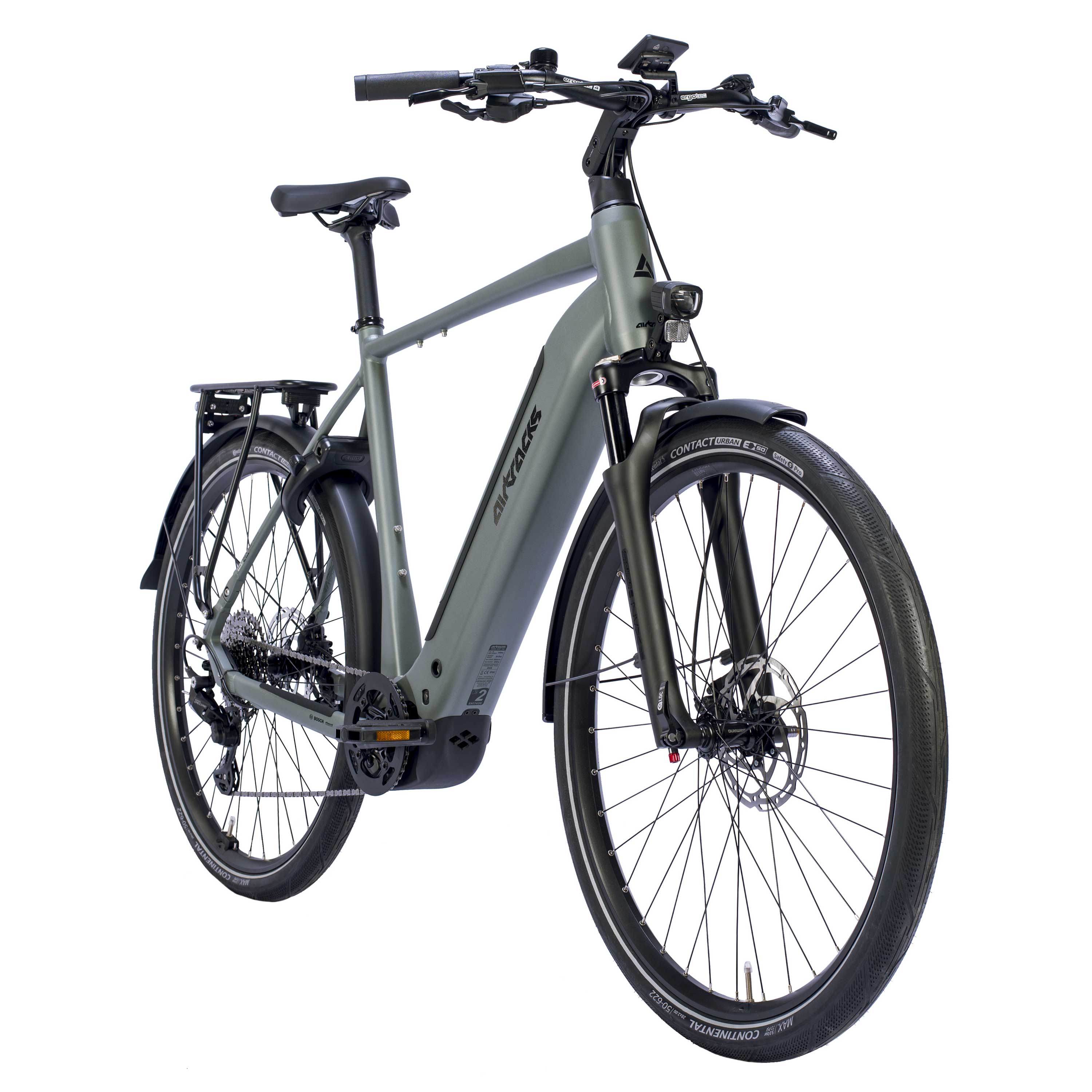 Graues Herrenfahrrad mit Gepäckträger, Vorder- und Rücklicht, weißem Streifen am Rad.