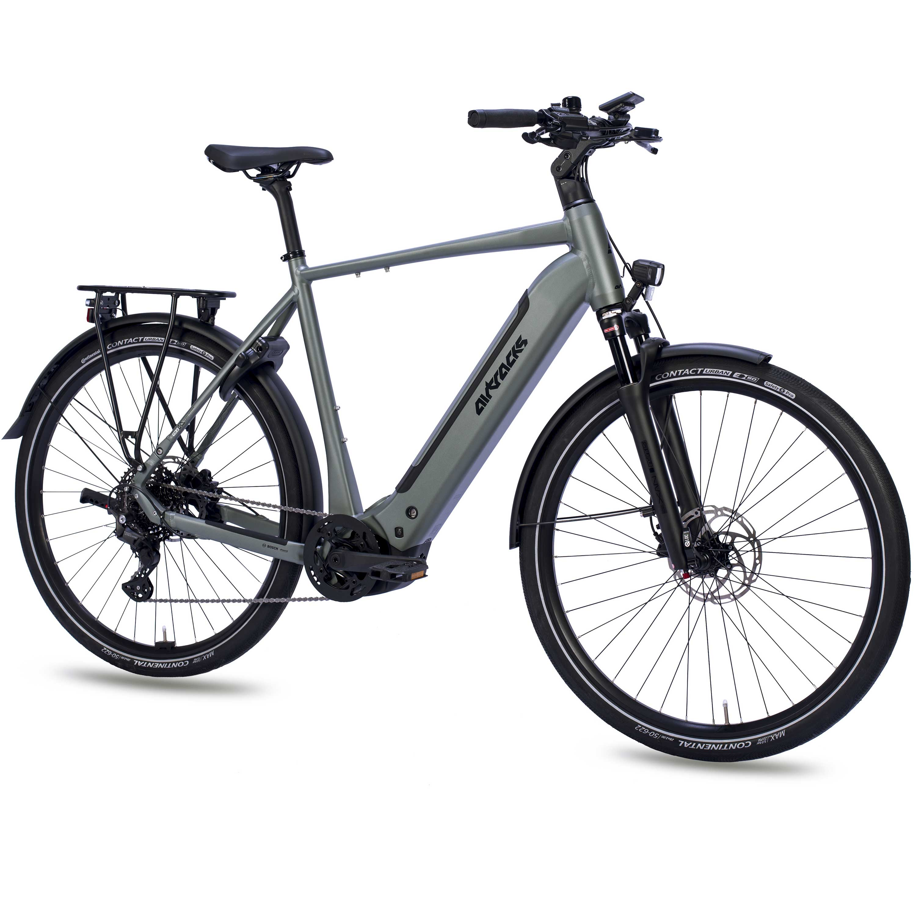 Graues E-Bike mit Gepäckträger, Schutzblechen, Licht und Scheibenbremsen.