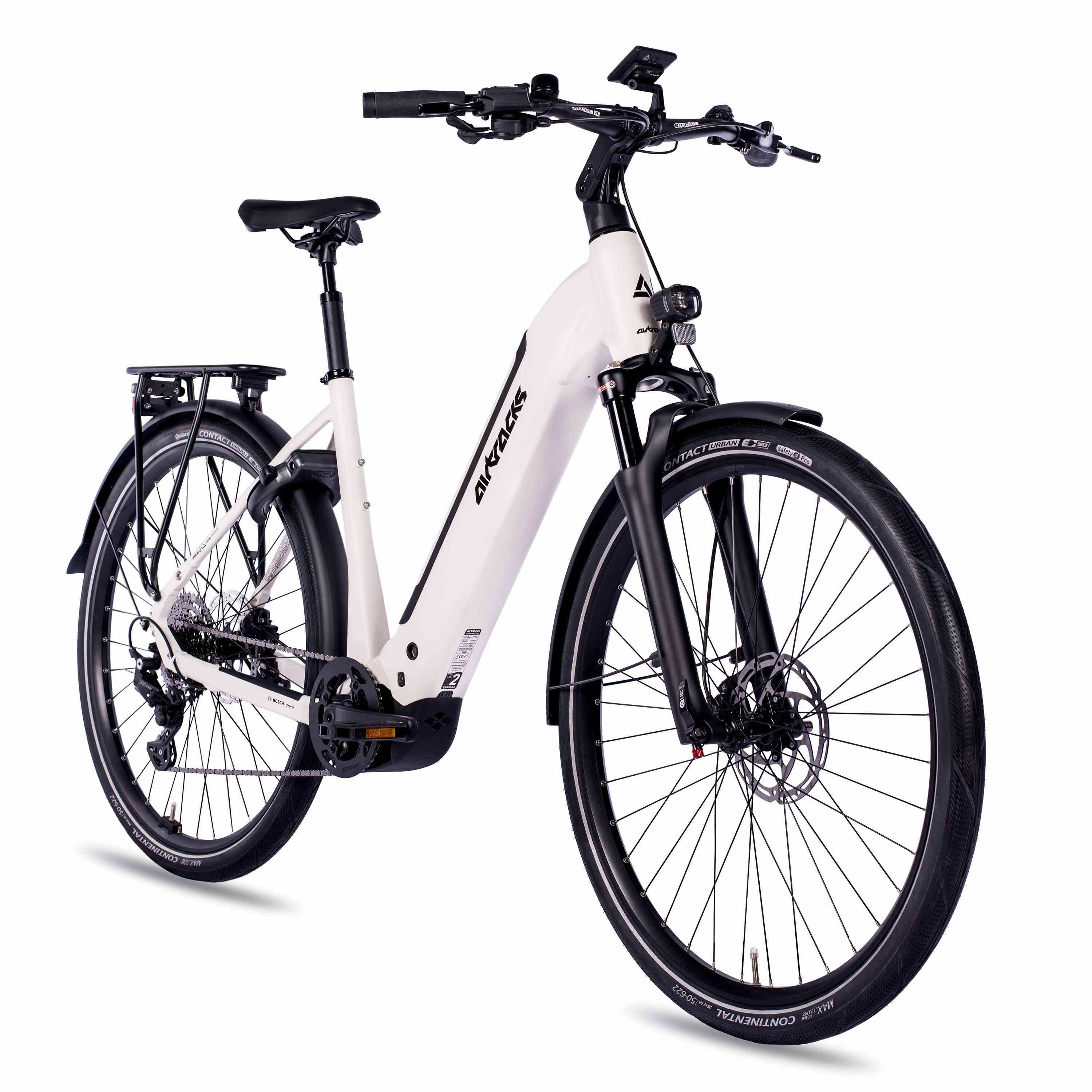 Ein weißes E-Bike mit schwarzen Details steht vor einem weißen Hintergrund.