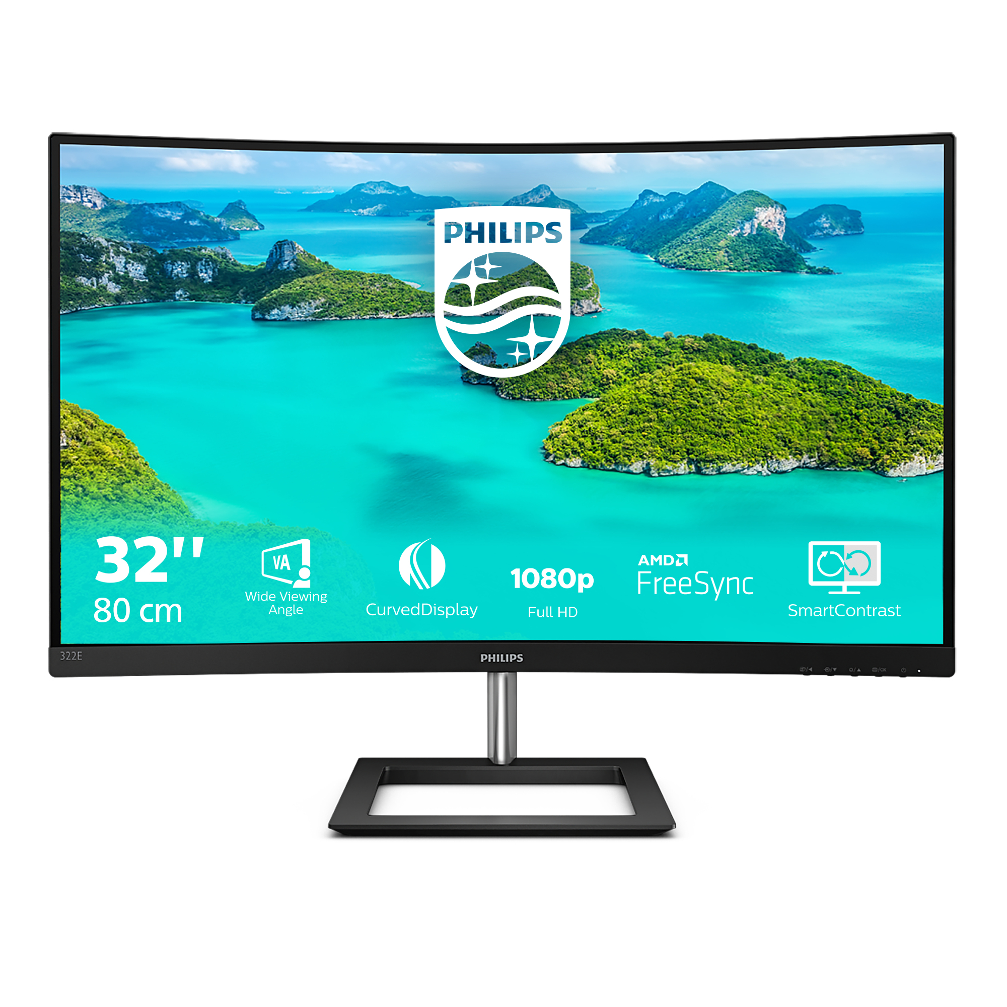 A 32-inch Philips curved monitor displaying a landscape scene as wallpaper.