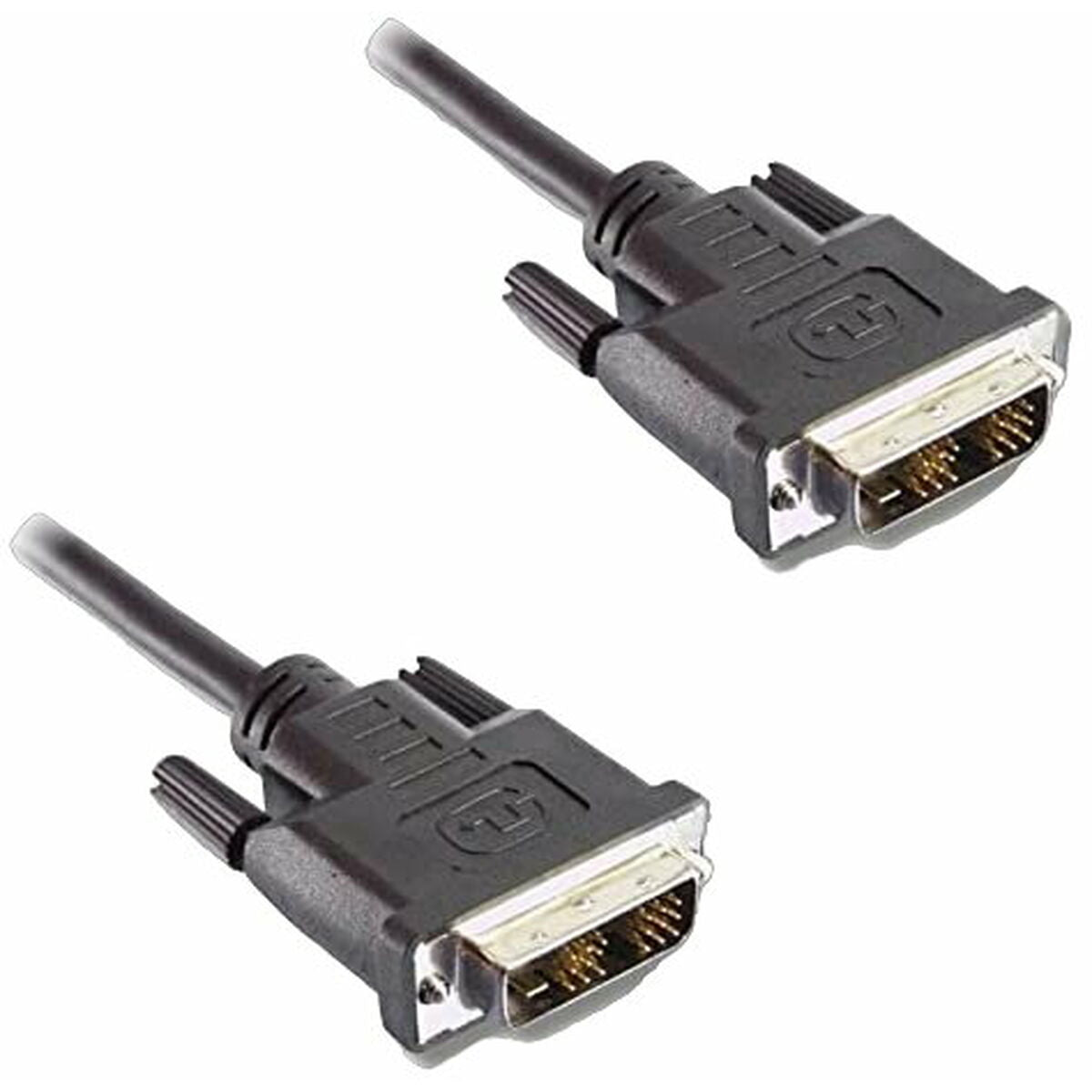 Twee zwarte DVI-kabels met connectoren en schroeven.