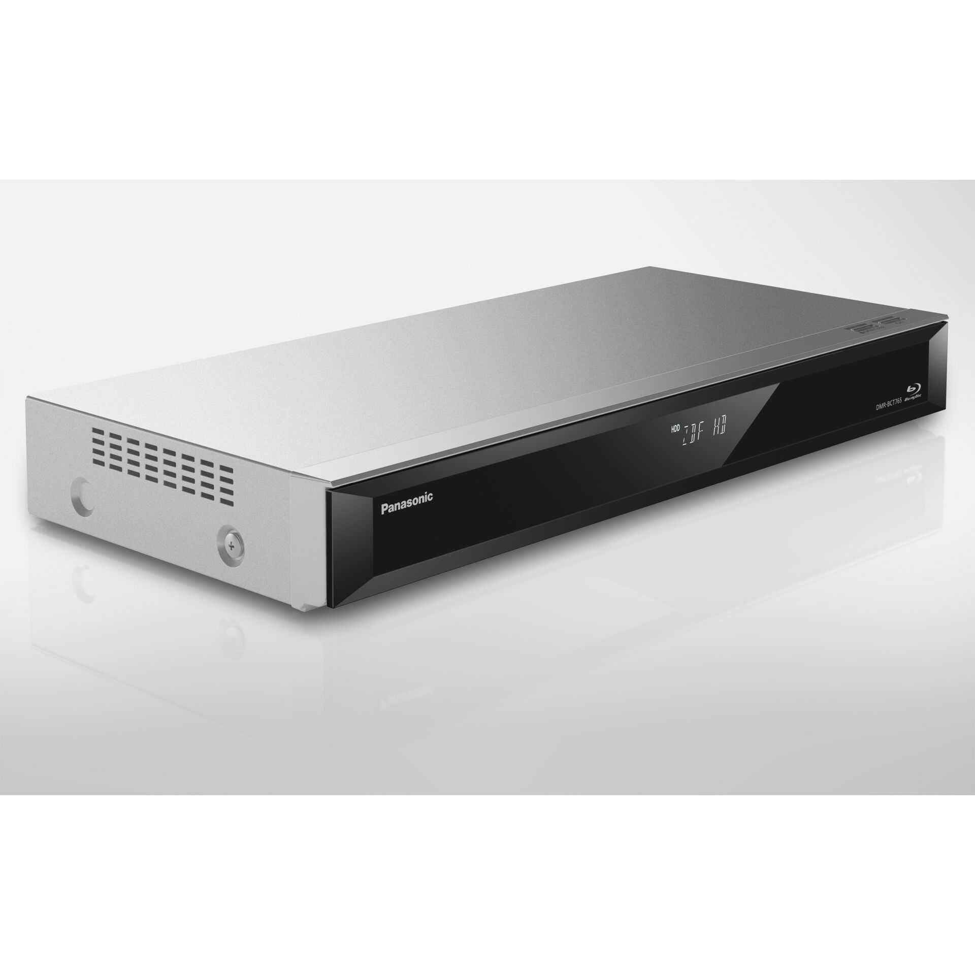 Un grabador Blu-ray Panasonic plateado con frontal y pantalla negros.