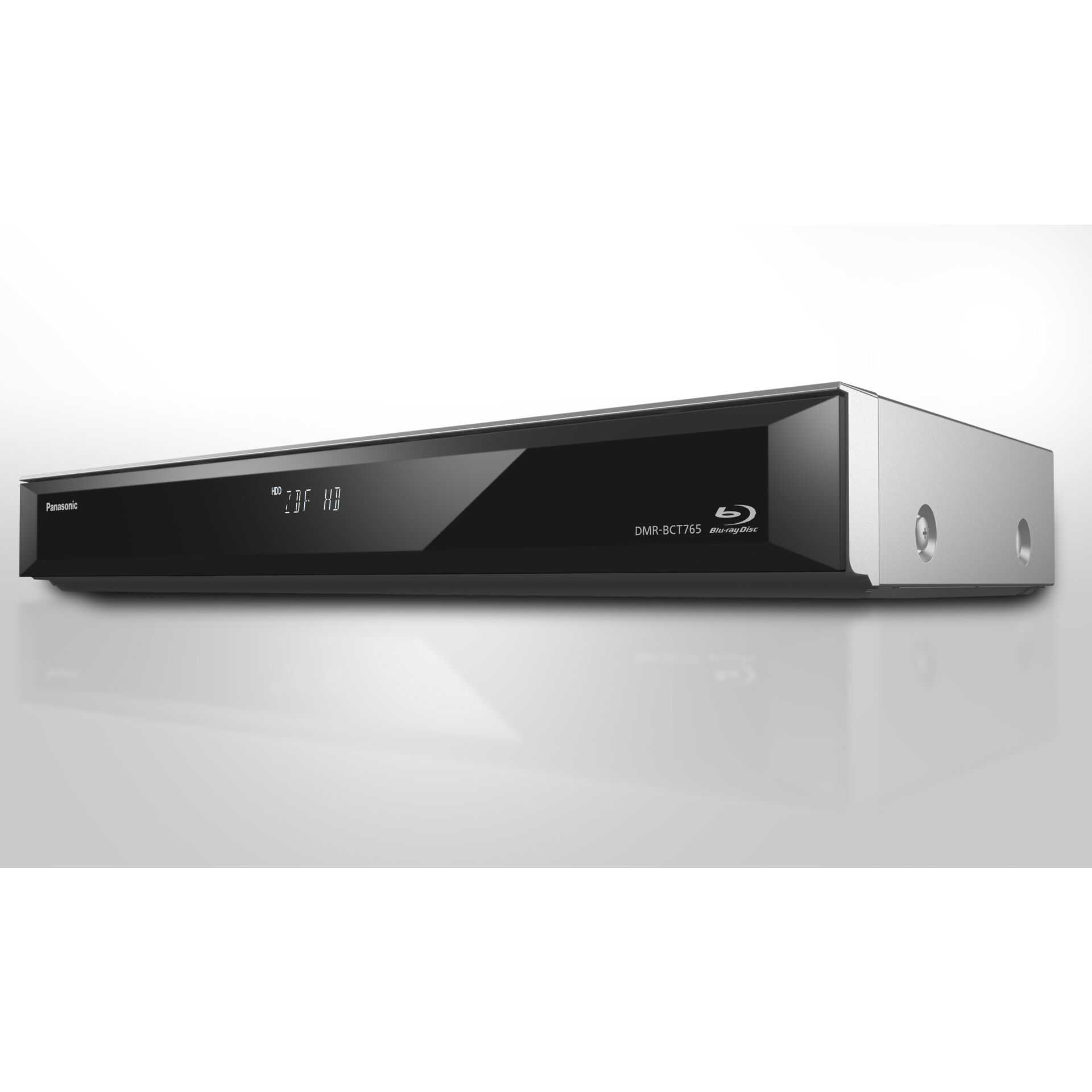 Un elegante grabador Blu-ray Disc Panasonic con cuerpo plateado y panel frontal negro.