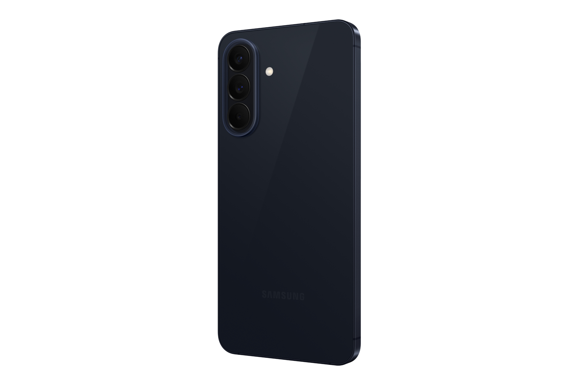 Smartphone Samsung bleu foncé avec trois caméras au dos.