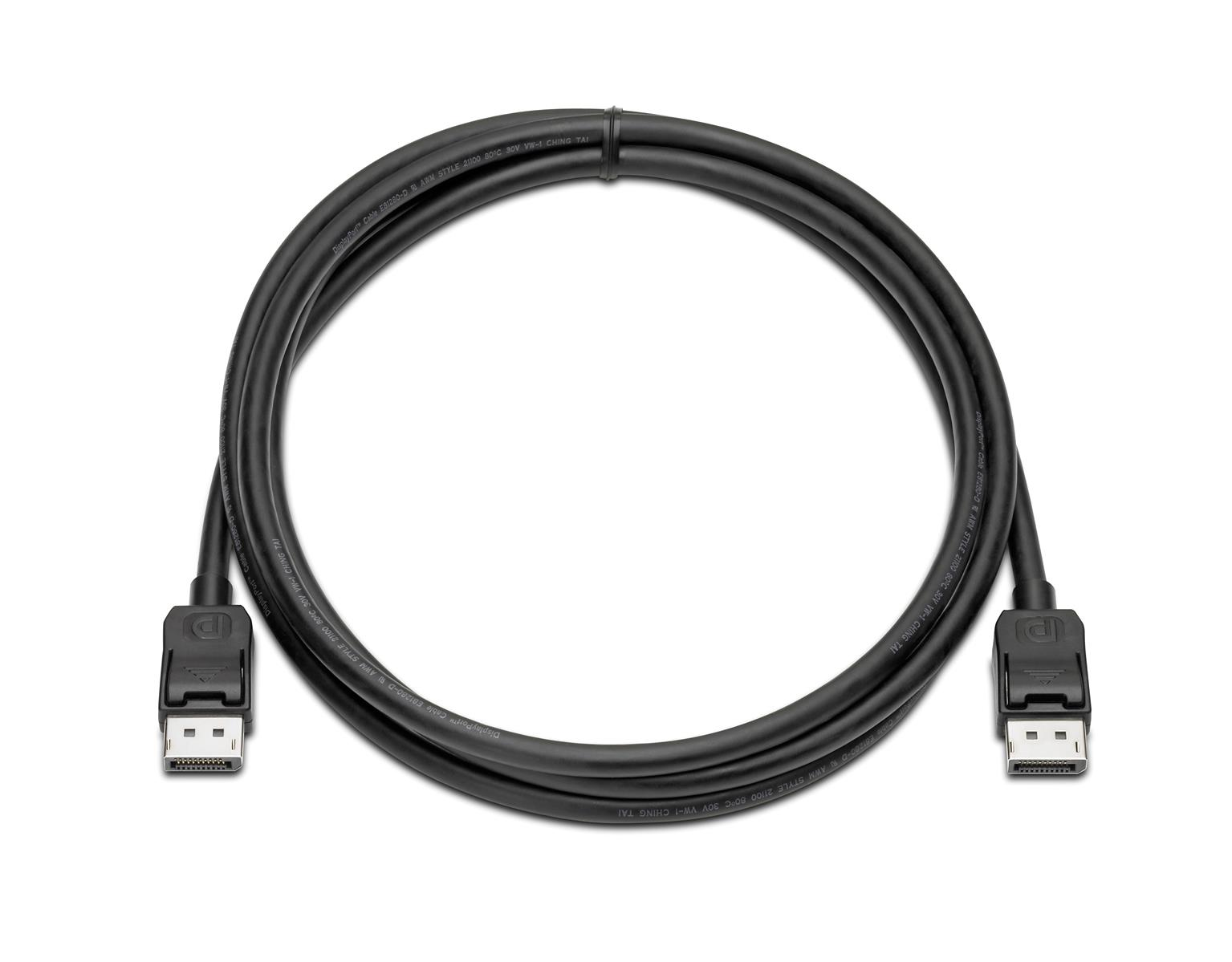 Ein schwarzes DisplayPort-Kabel mit zwei Anschlüssen auf weißem Hintergrund.