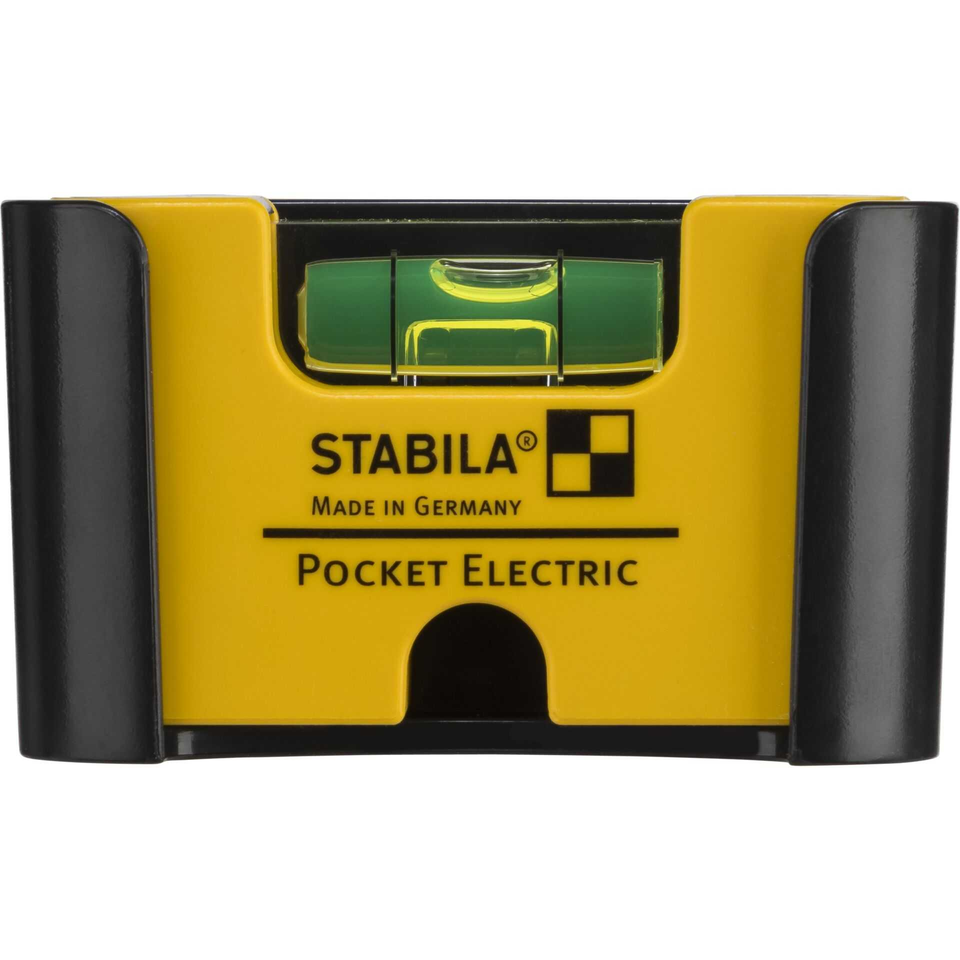 Nivel de bolsillo Stabila amarillo con marco negro y burbuja verde.