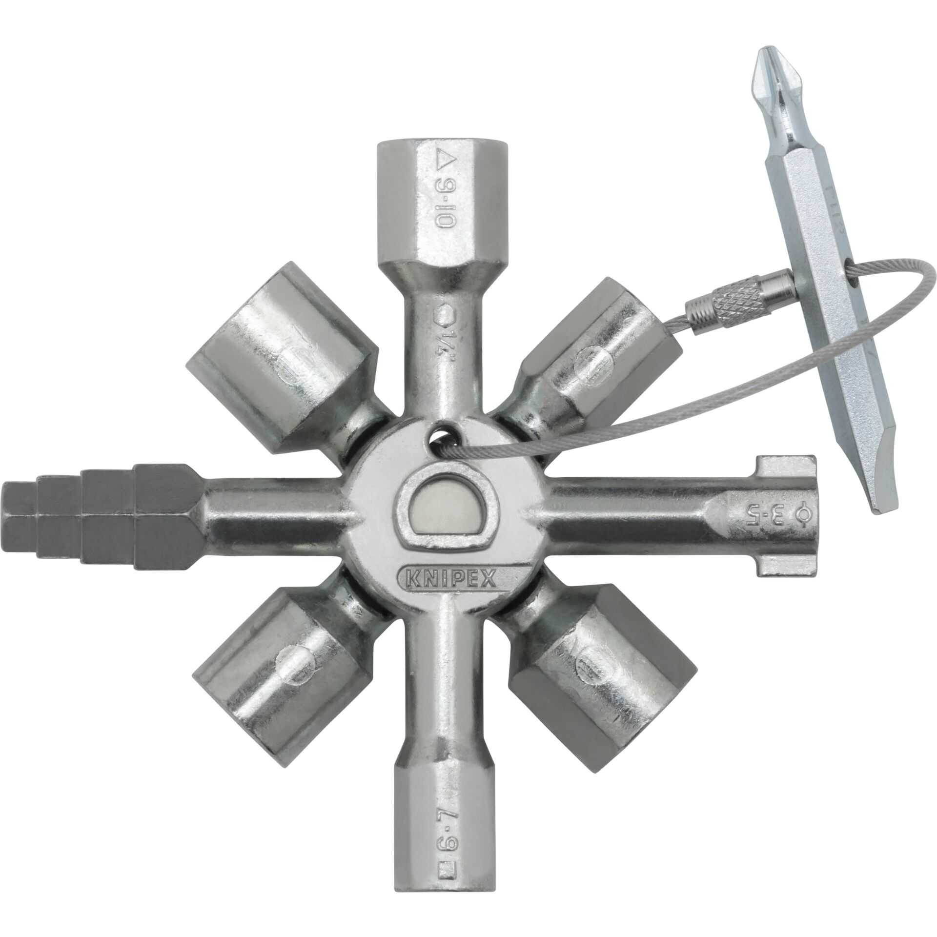 Una llave plateada multifunción con varios vasos y una punta.