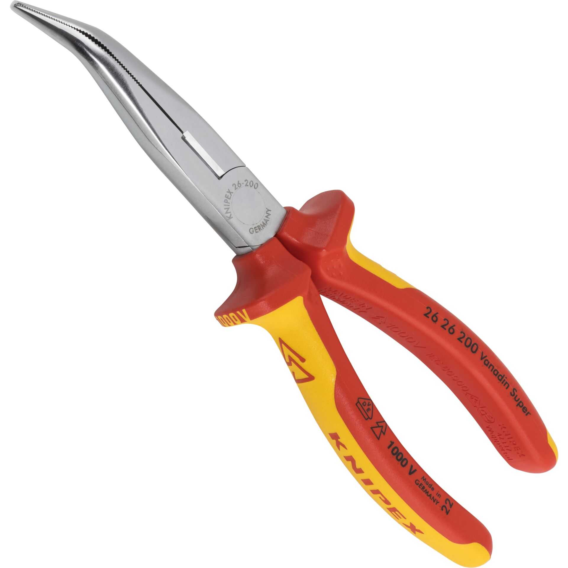 Alicates de punta con mangos rojos y amarillos y mandíbula dentada.