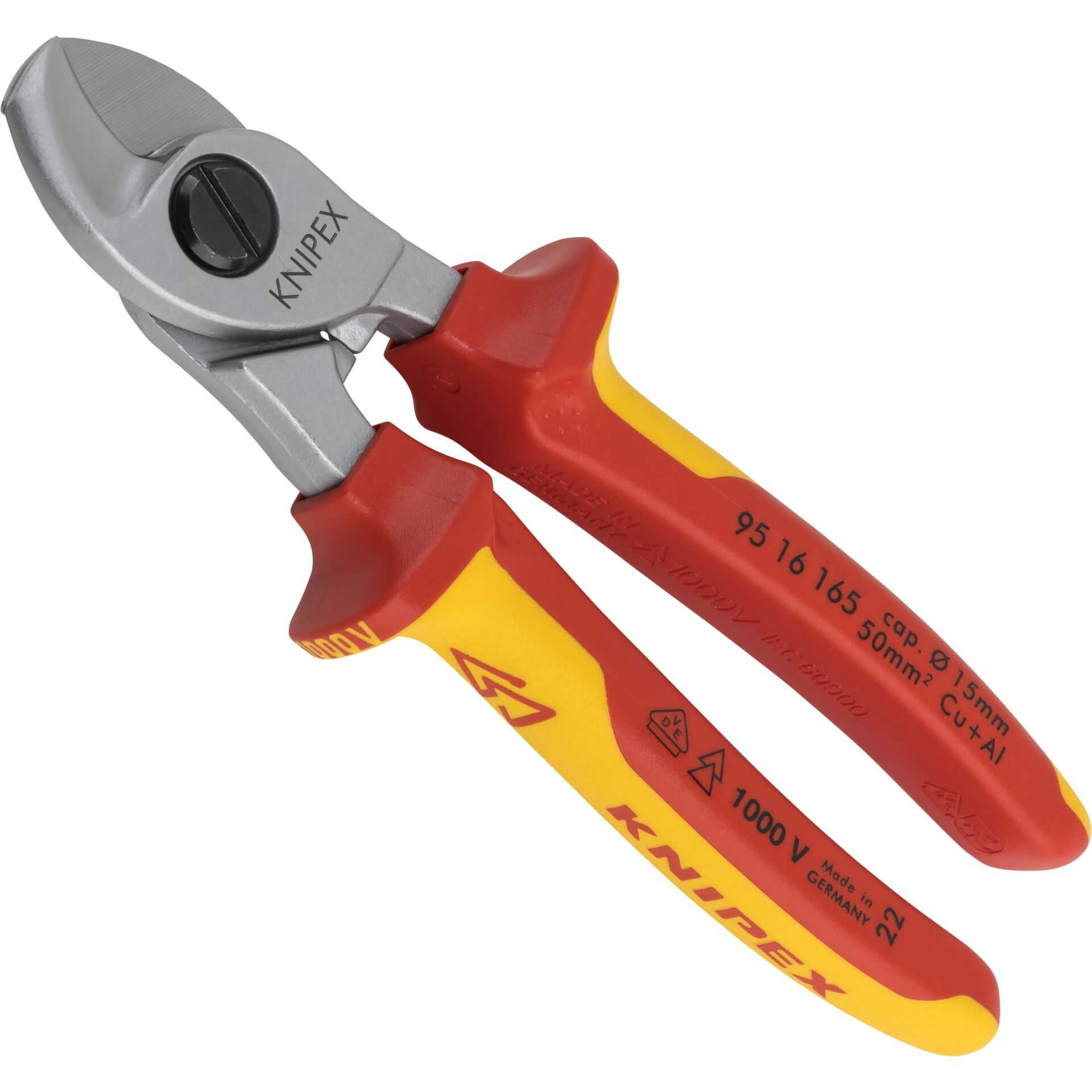 Cortacables Knipex aislados rojos y amarillos con cuchillas plateadas.
