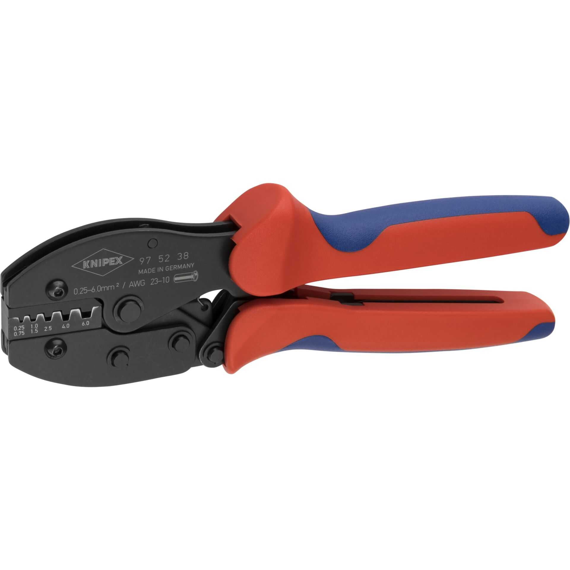 A red and blue Knipex crimping tool with black jaws and size markings.