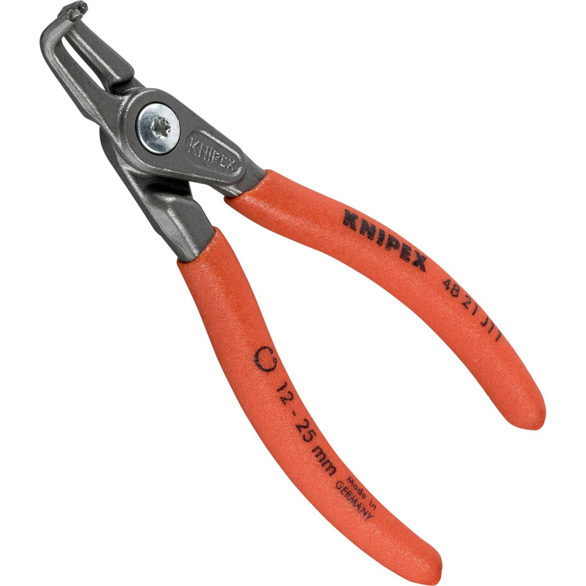 Szczypce Knipex z pomarańczowymi uchwytami, oznaczenie 12-25 mm Made in Germany.