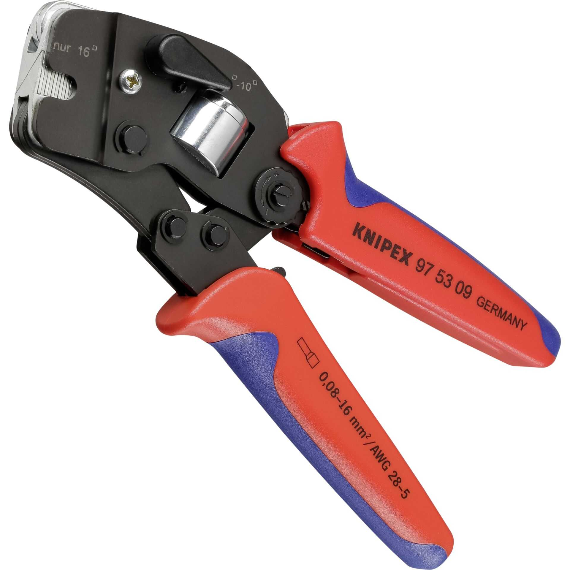 Alicates de crimpado Knipex rojos y azules con cabeza negra y detalles plateados.