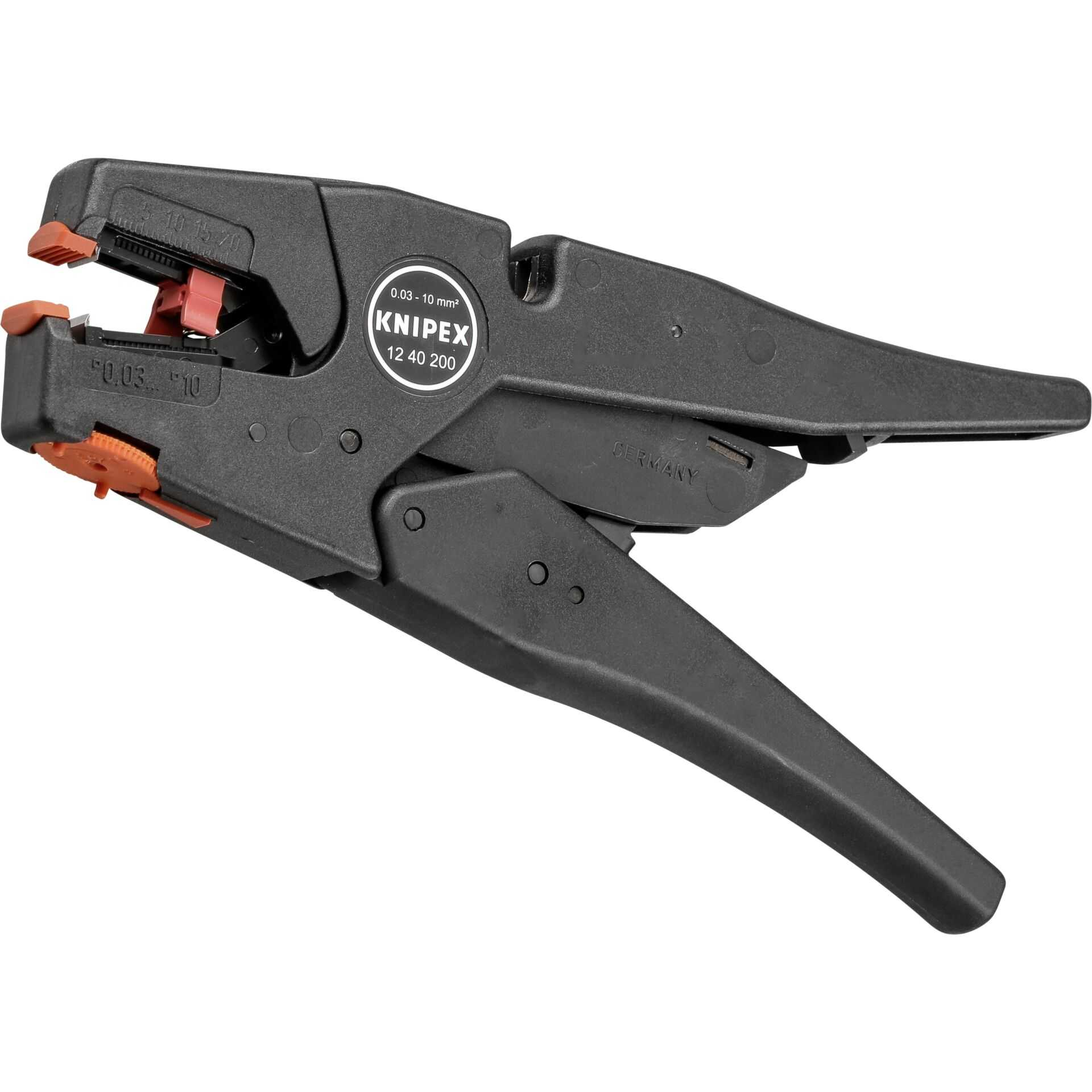 Pelacables Knipex negro con detalles naranjas y escala.