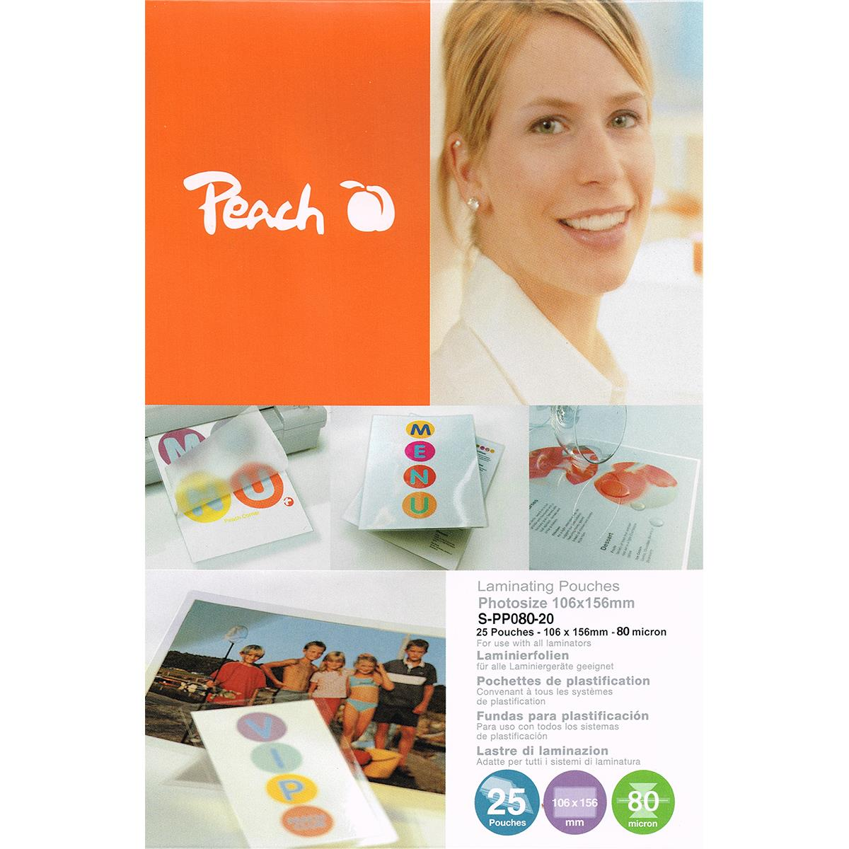Collage mit Peach-Logo, lächelnder Frau, Laminierbeutel und Familie am Strand.