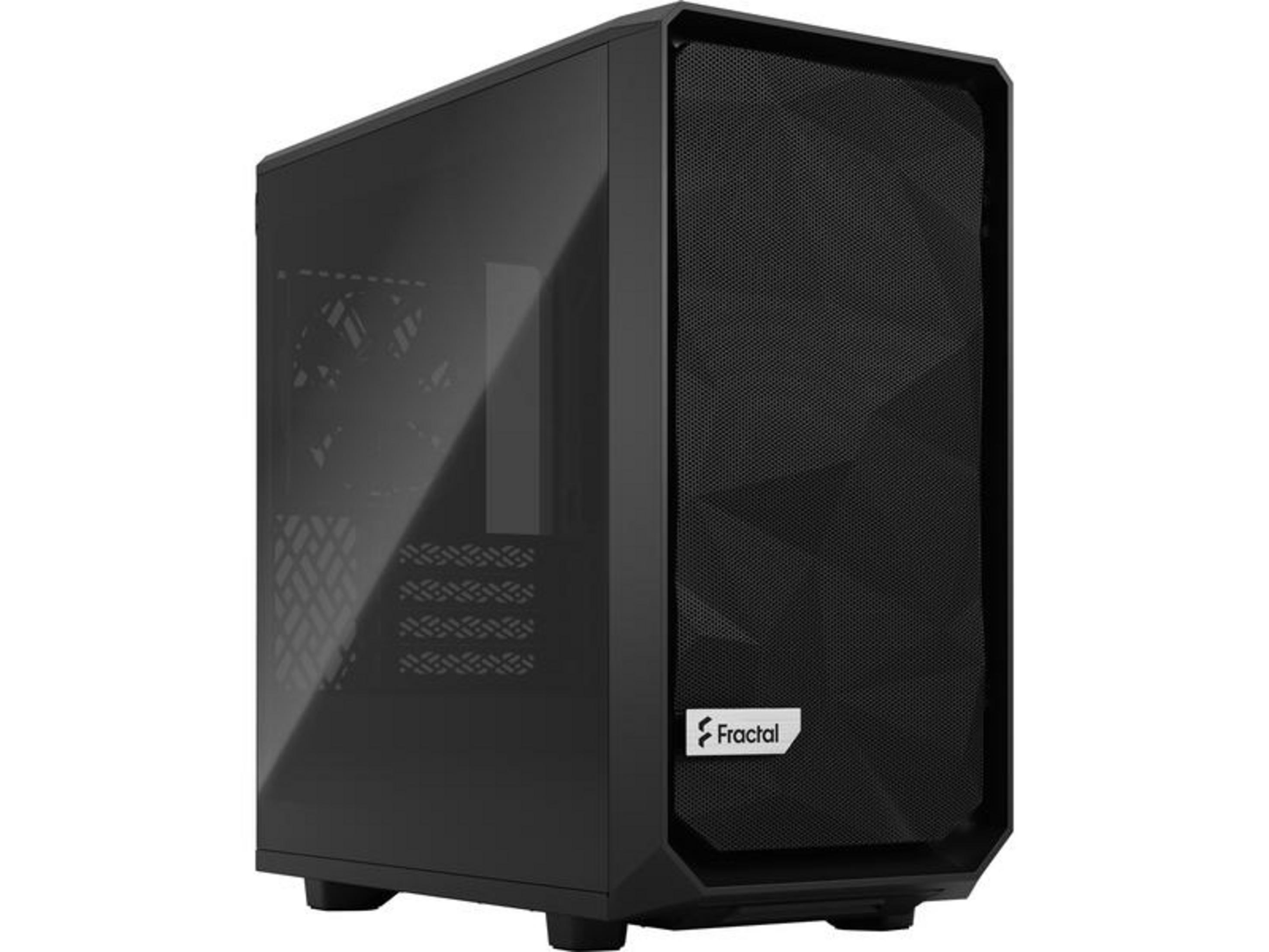 Un case PC nero con pannello laterale in vetro e frontale traforato.