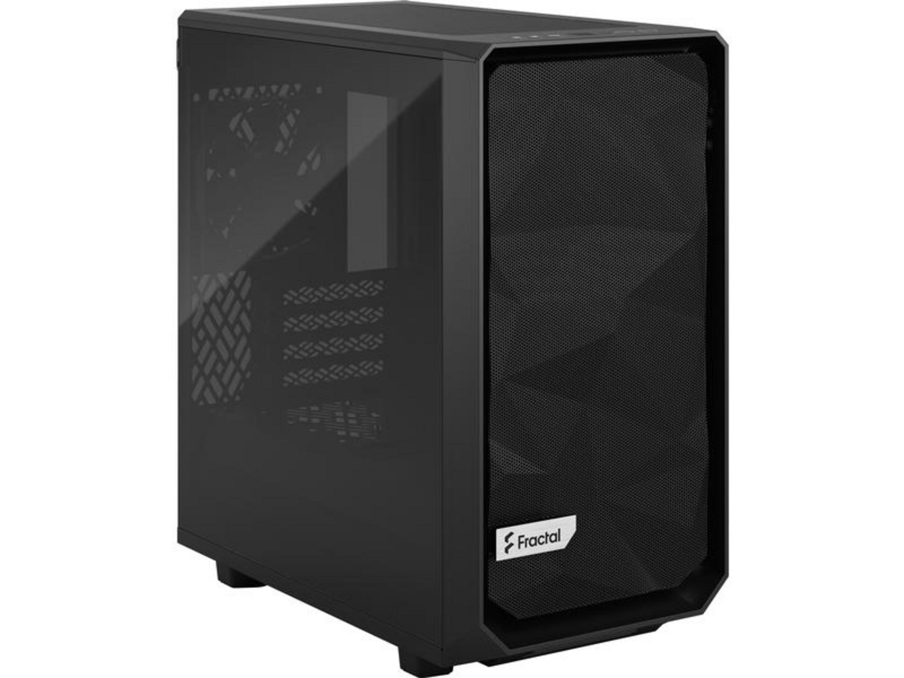 Un case per PC Fractal Design nero con pannello laterale in vetro e frontale a rete.