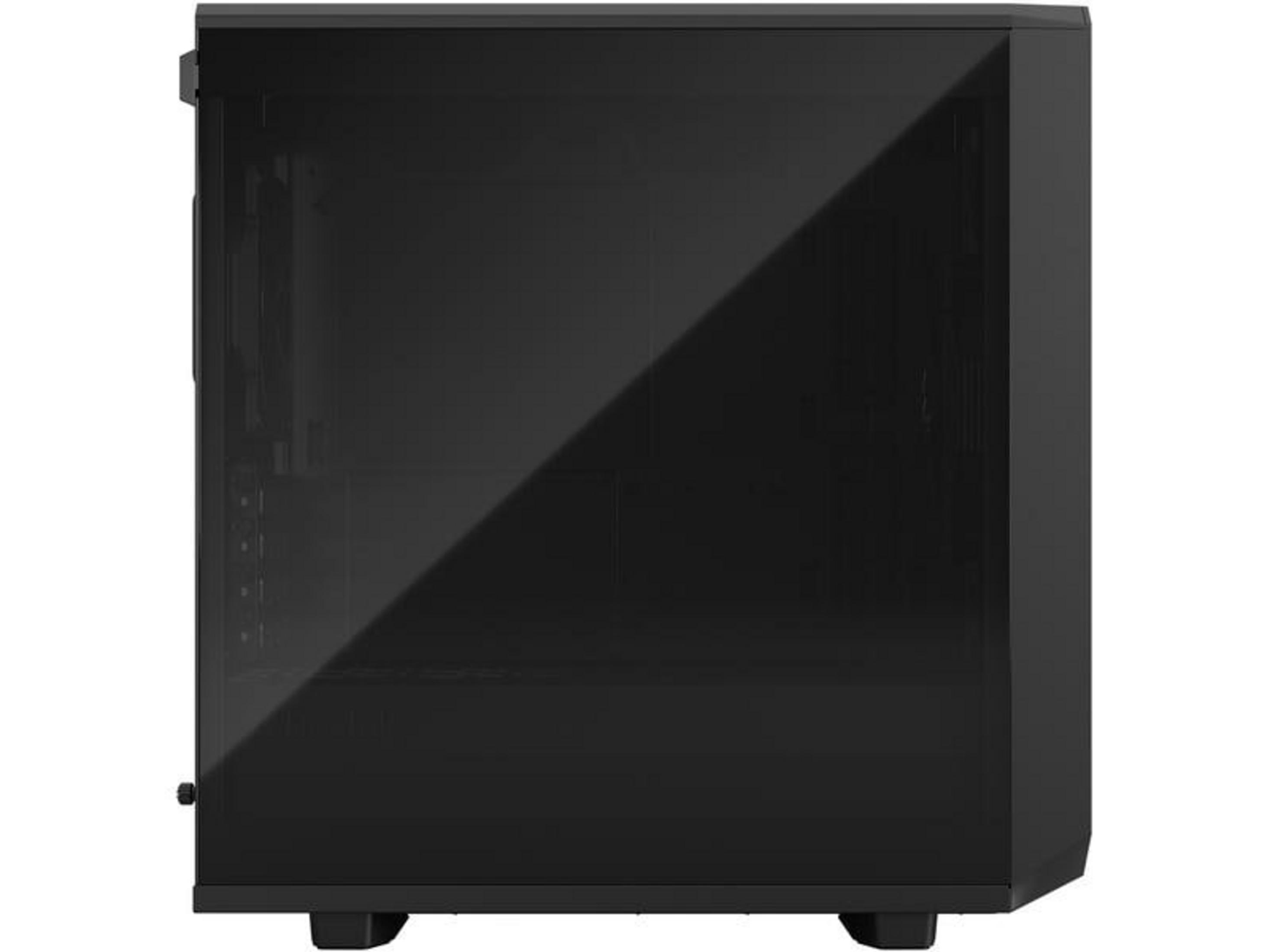 Case per computer nero con finestra in vetro, visto di lato.