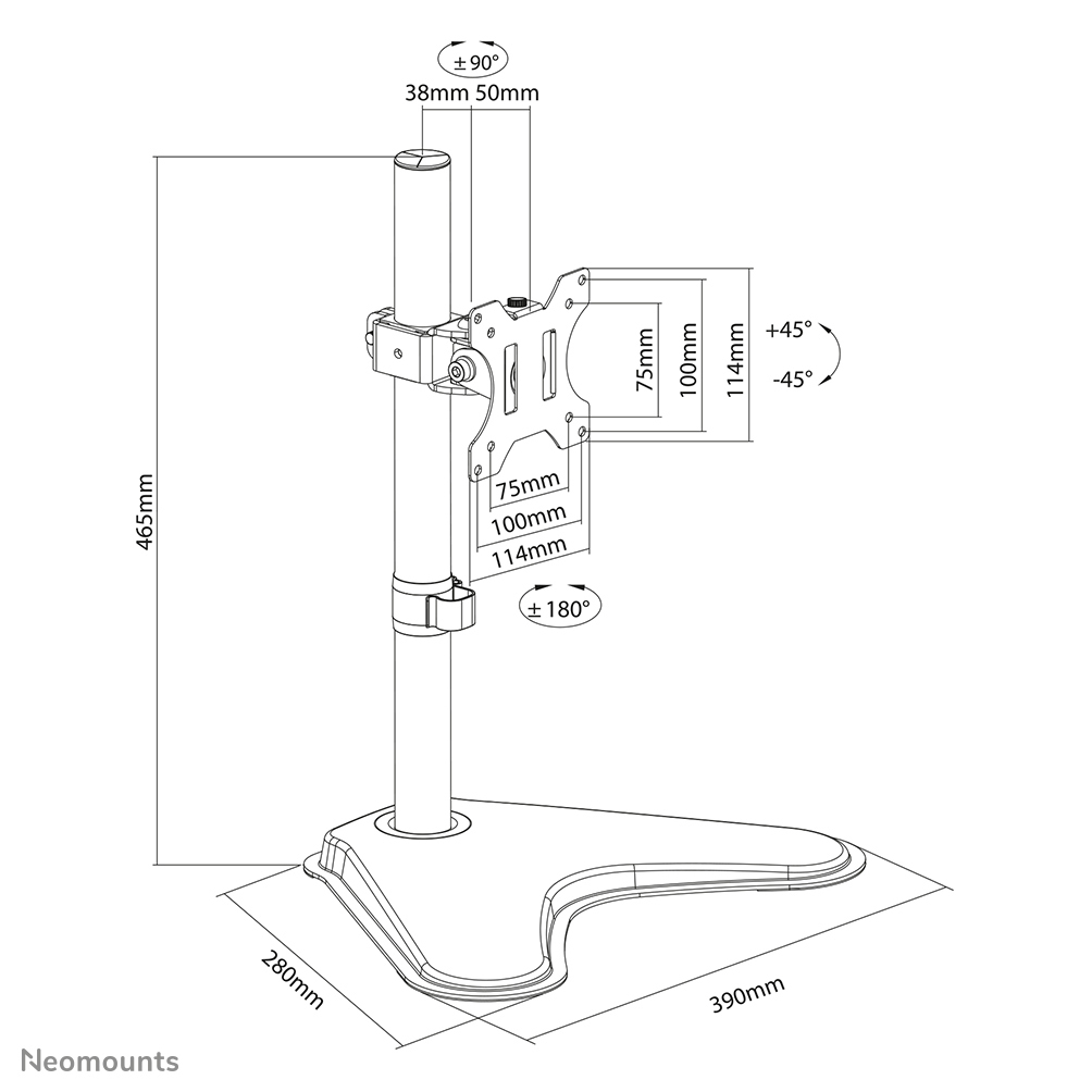 Technical drawing of a monitor stand with dimensions and angles shown.