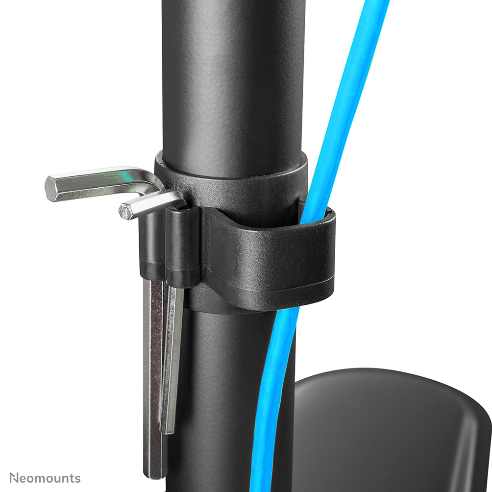 Black mount with two hex keys and a blue cable.