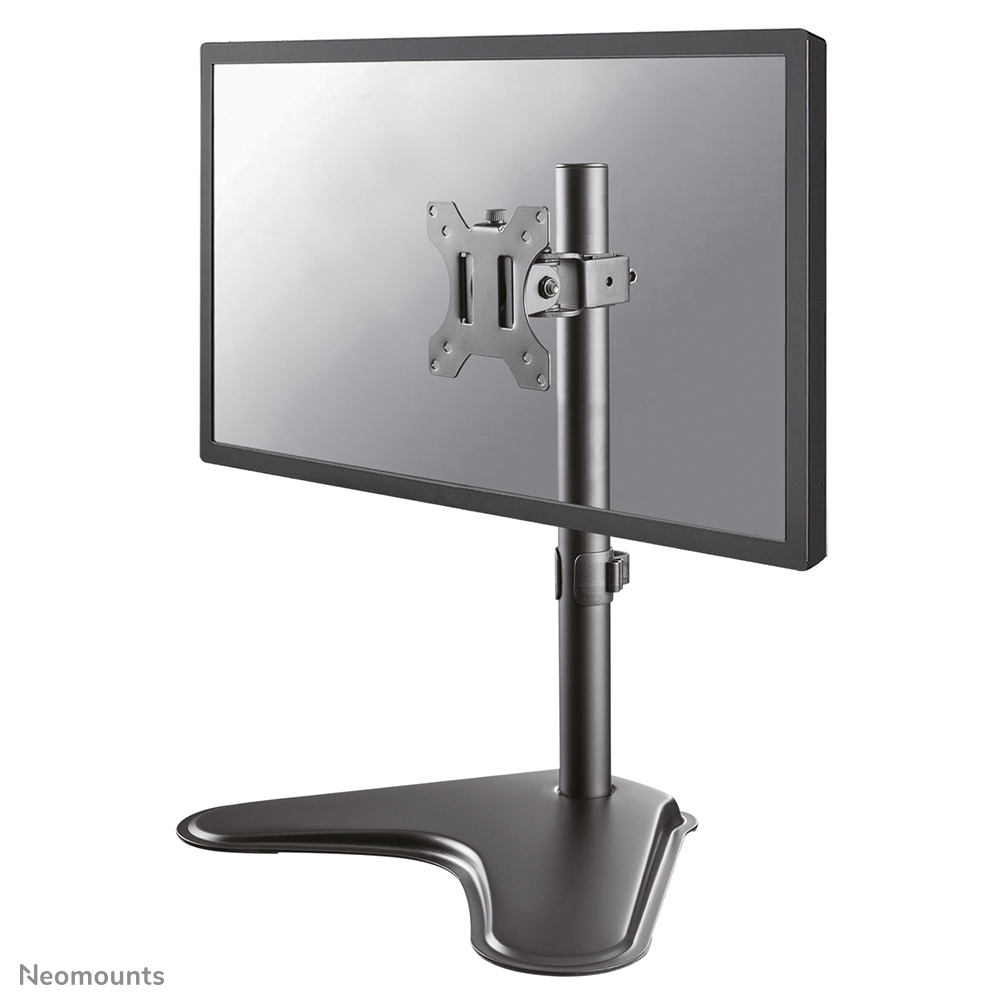 A black monitor stand with a VESA mount attached to the back of a monitor.
