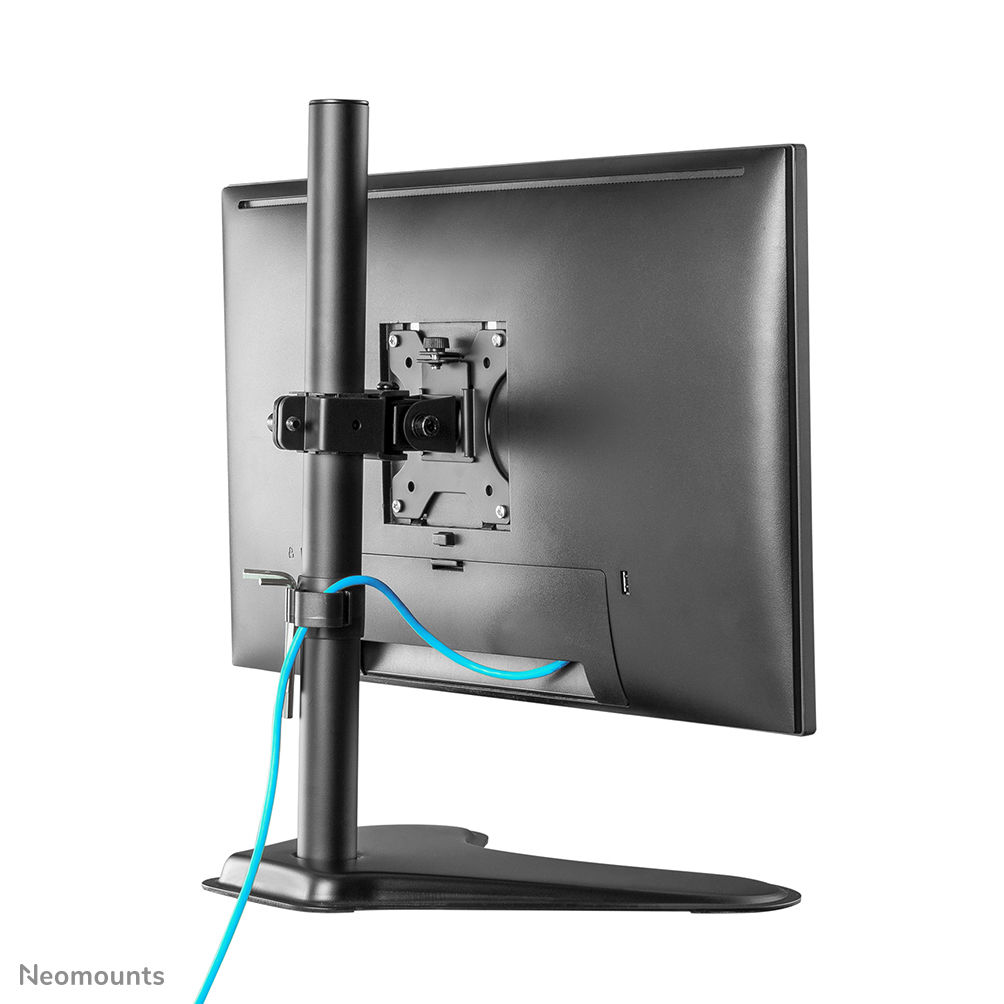 Back of a monitor on a black stand with a blue cable.