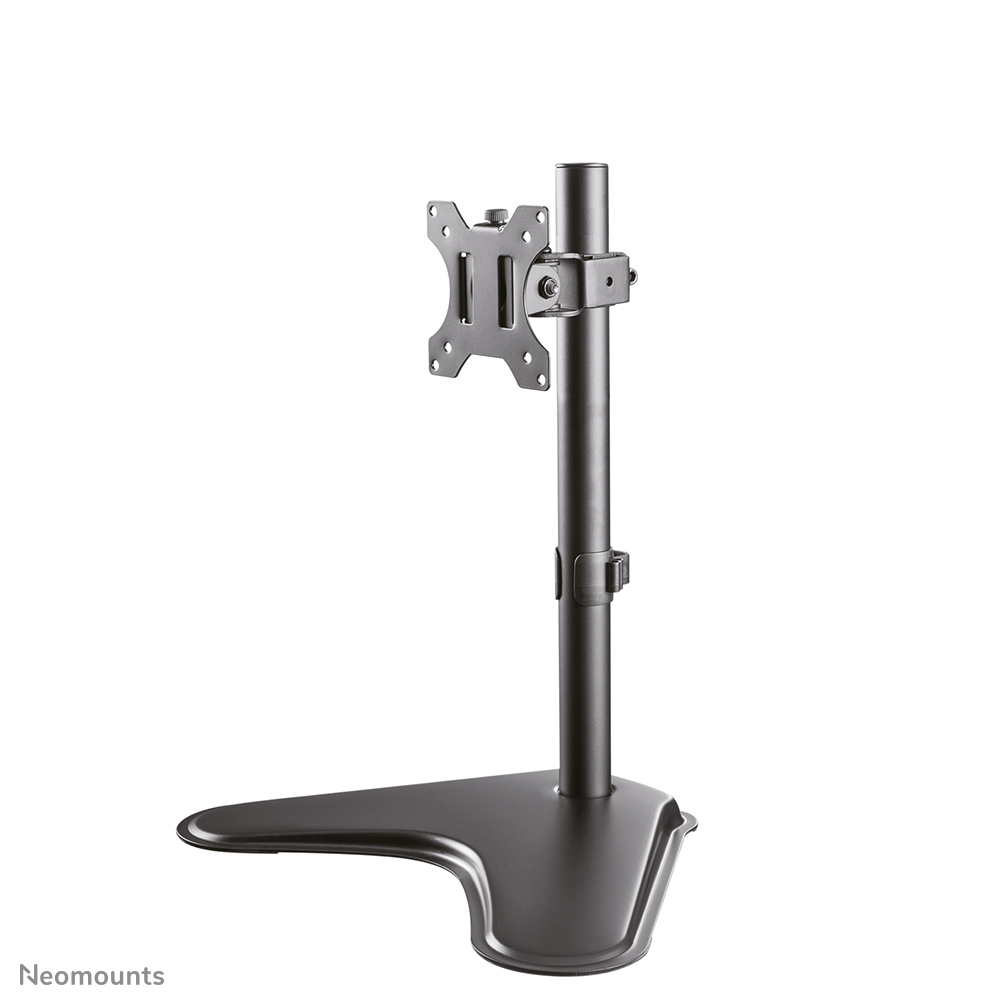 A black monitor stand with a rectangular base and adjustable arm.
