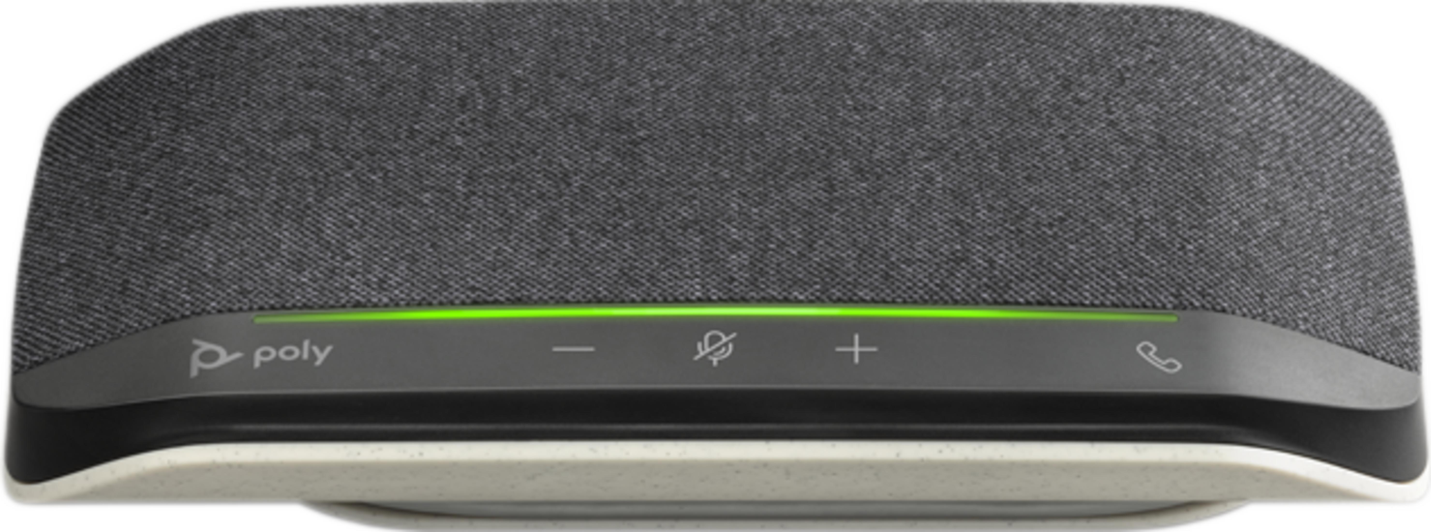 Altoparlante Poly grigio con barra luminosa verde e pulsanti di controllo.