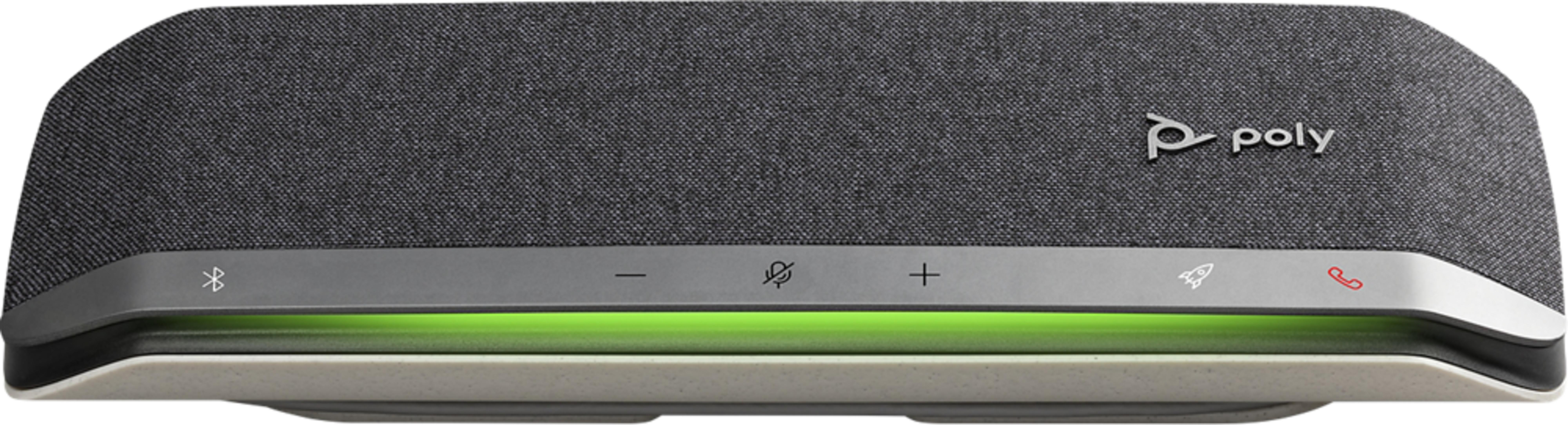 Altoparlante Poly grigio con controlli touch e illuminazione verde.