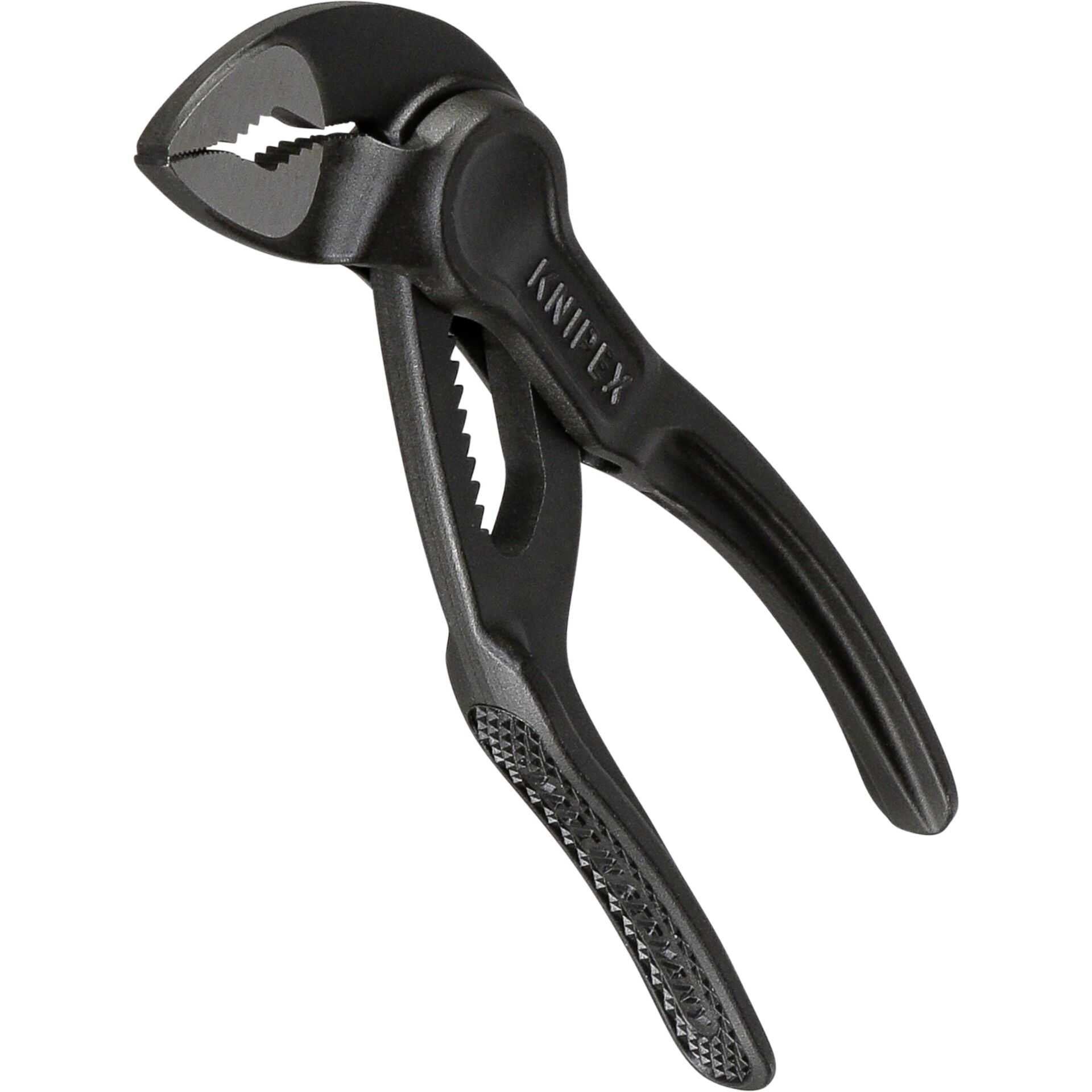 Una pinza Knipex nera con ganasce seghettate e manici testurizzati è mostrata su sfondo bianco.