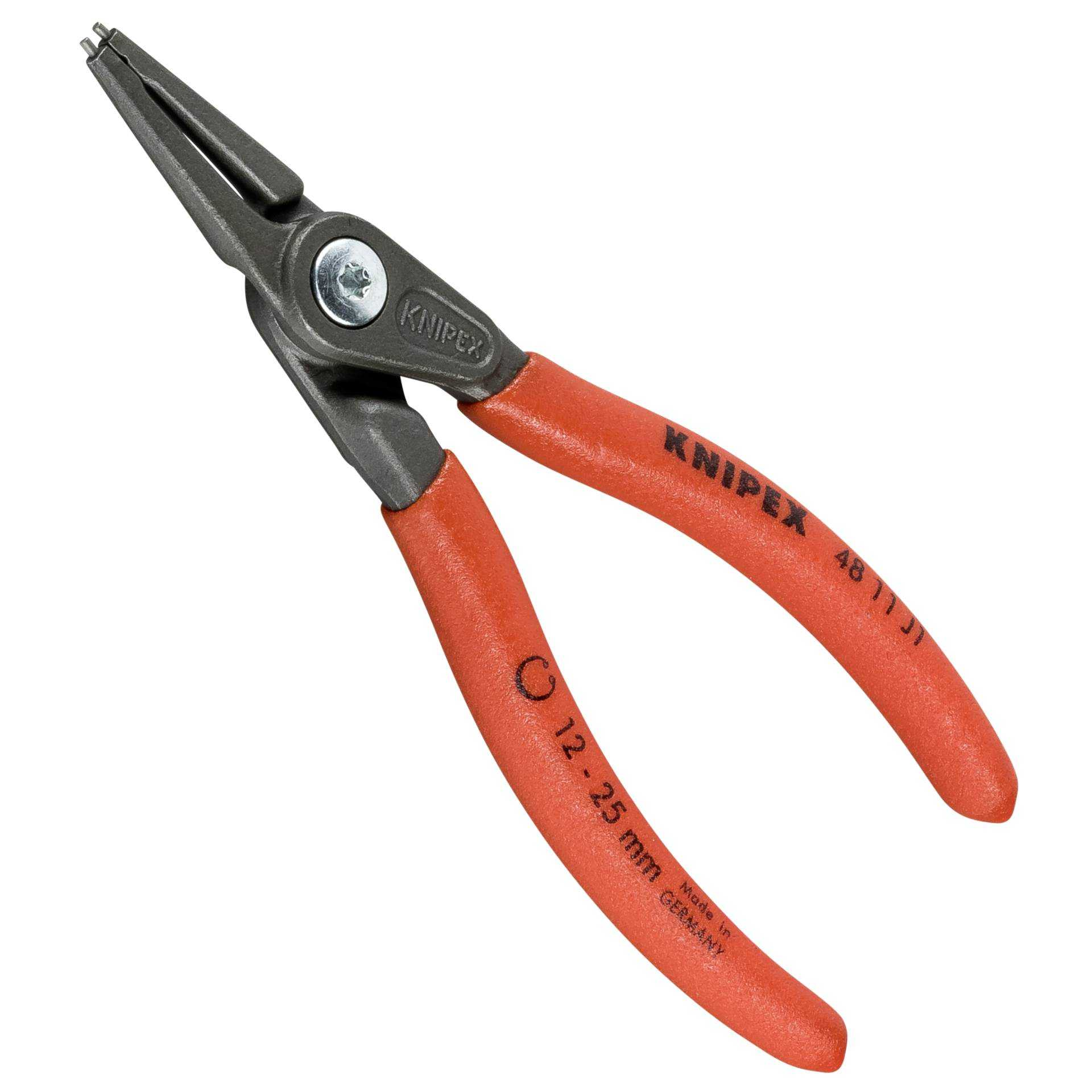Alicates con mangos naranjas y cabeza metálica. Marcado KNIPEX 48 11 120 mm.
