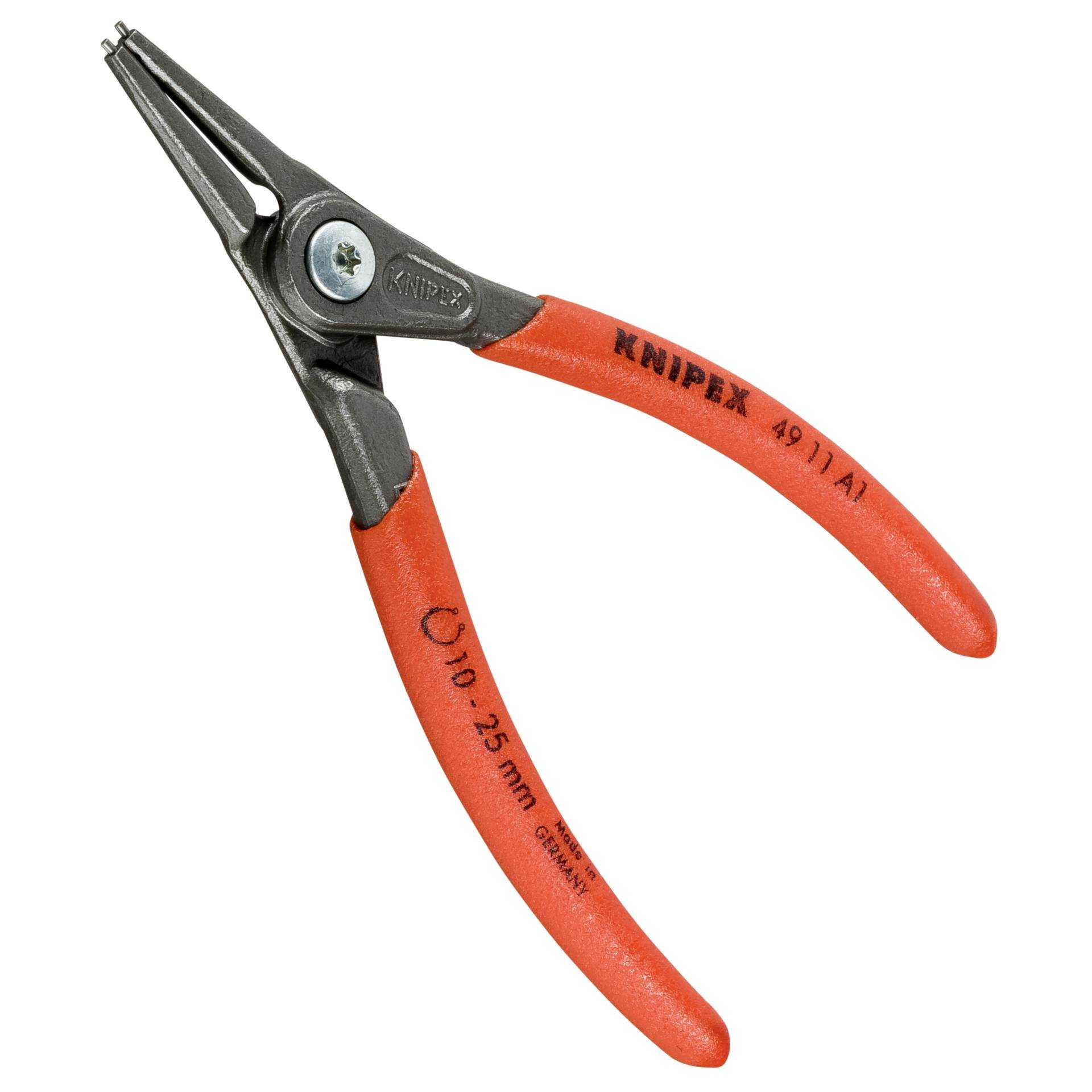 Un alicate con mango naranja y metal gris con texto.
