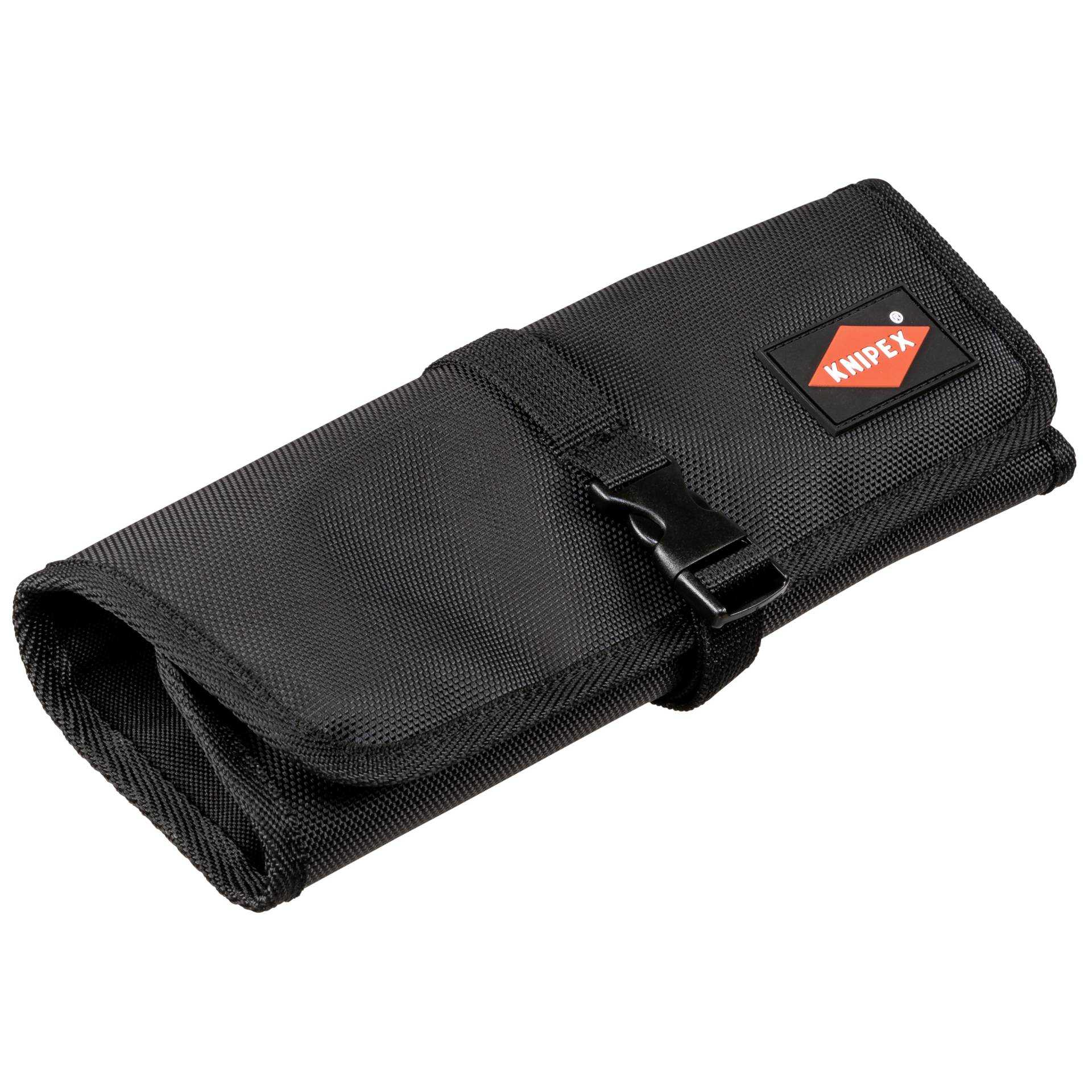 Estuche enrollable negro de tela con logo KNIPEX y cierre de hebilla.