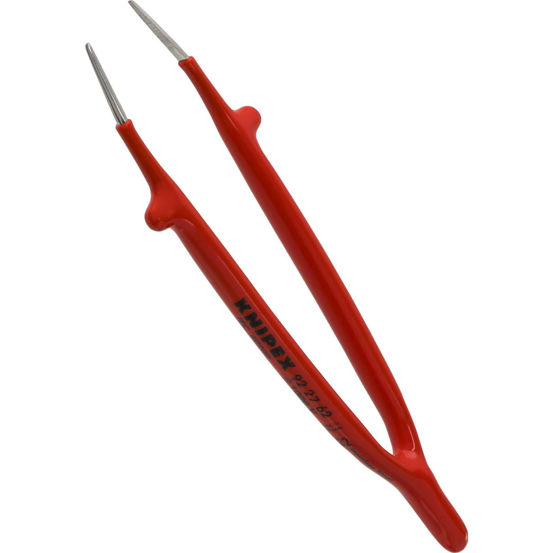 Pinzas Knipex rojas con puntas dentadas y mango plateado.