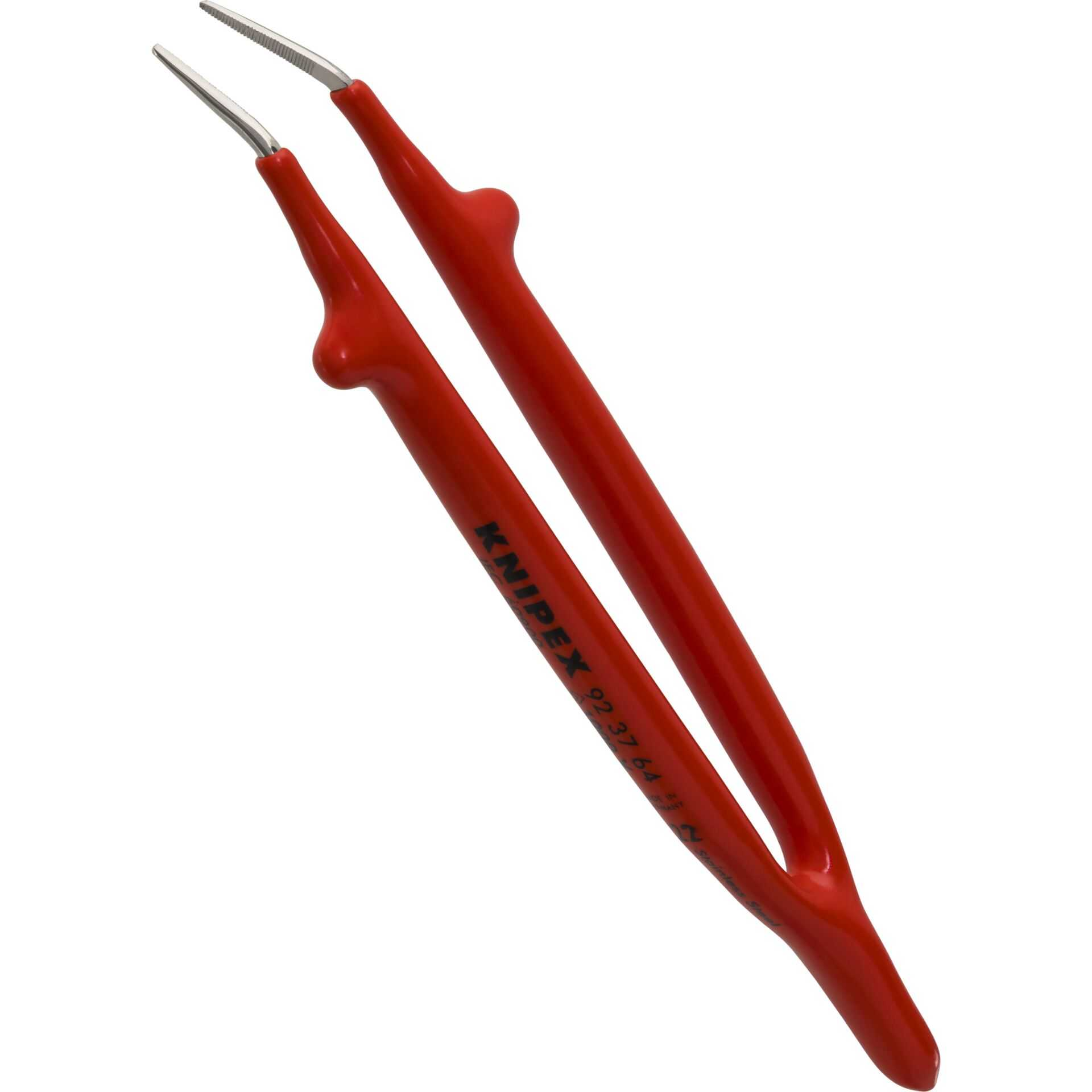 Alicates rojos con puntas curvas y superficies de agarre estriadas.