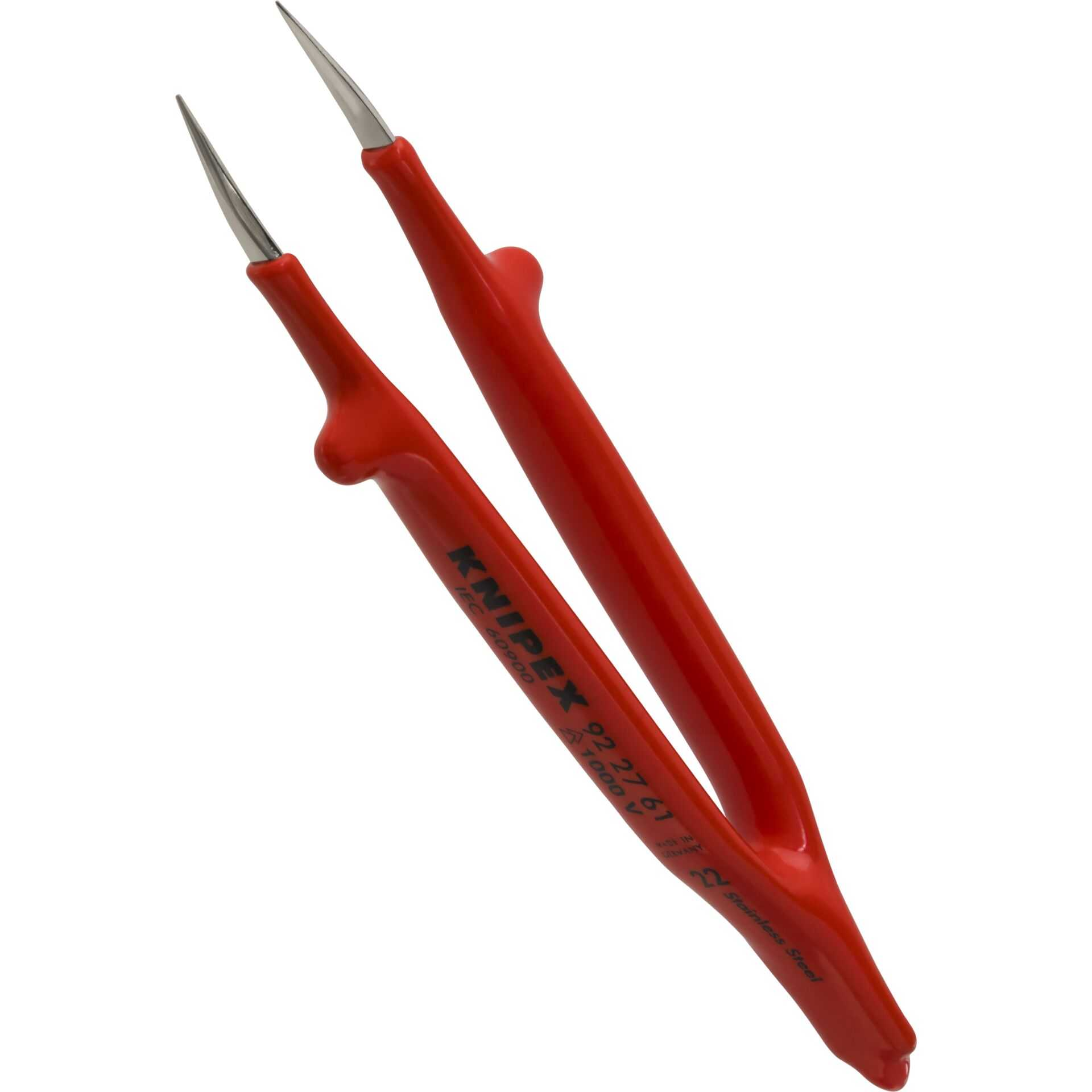 Pinzas de precisión KNIPEX rojas con puntas plateadas y marcas.
