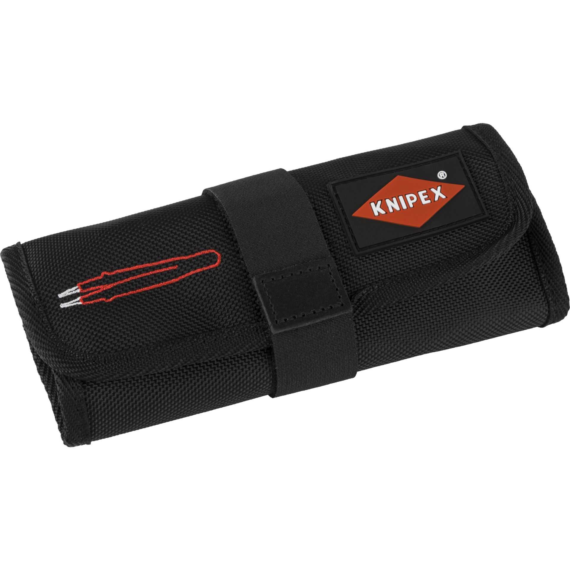 Estuche de herramientas negro con pinzas rojas y logo KNIPEX.